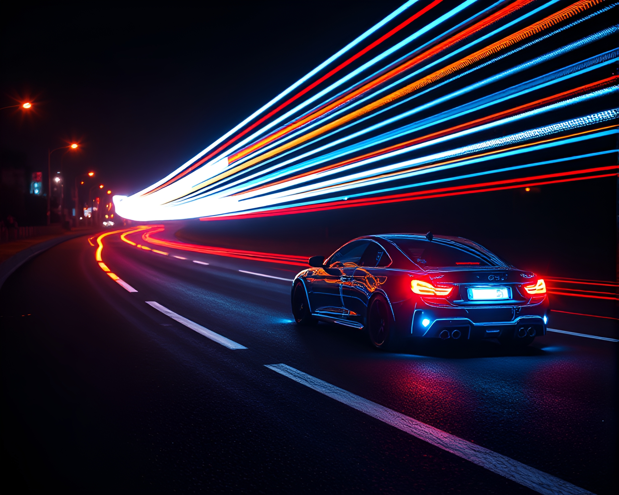 Robot lantern amidst car light trails x-ray style – free AI stock image