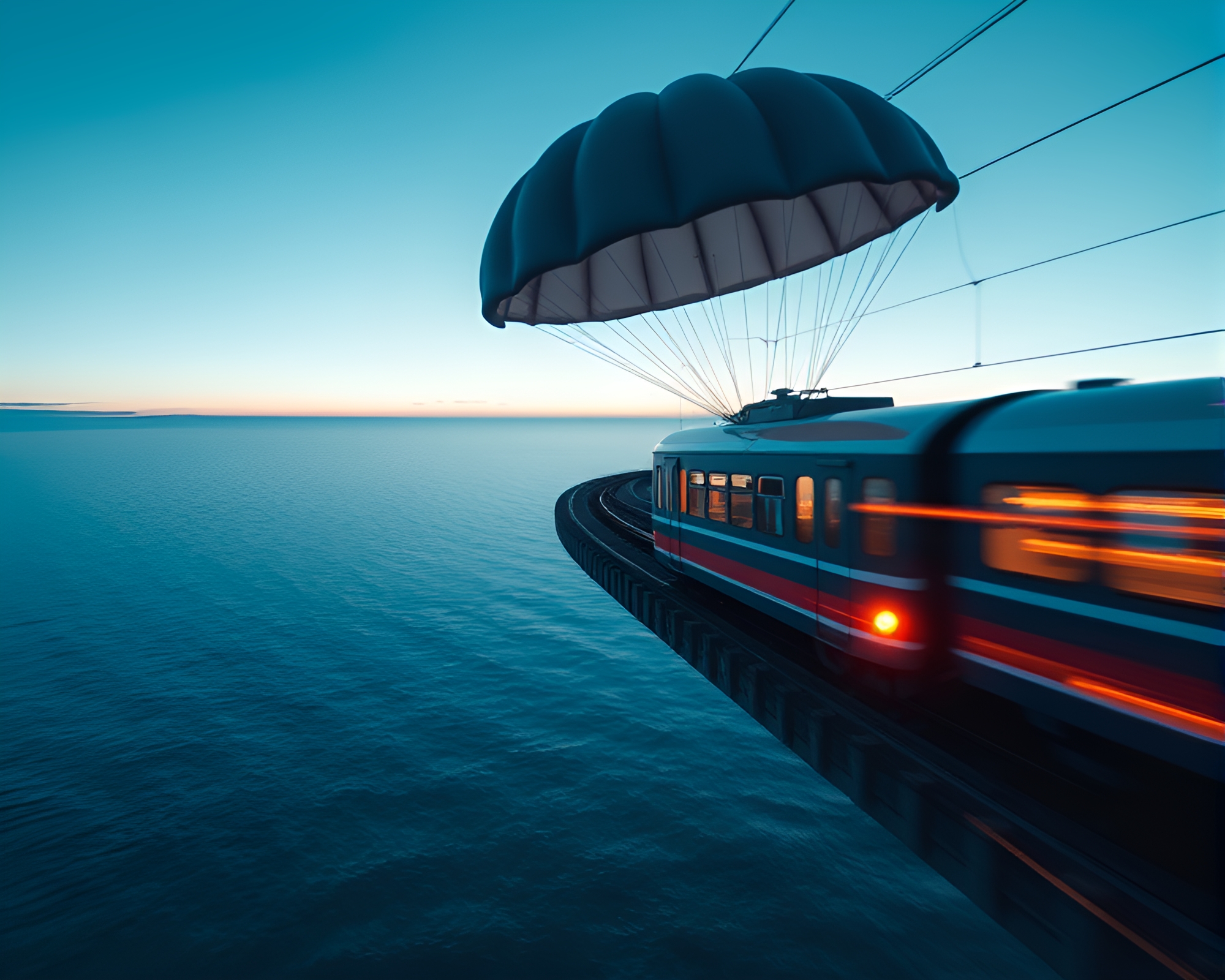 Train Light Trails: Parachute Jumper in Ocean-Blue Glow – free AI stock image