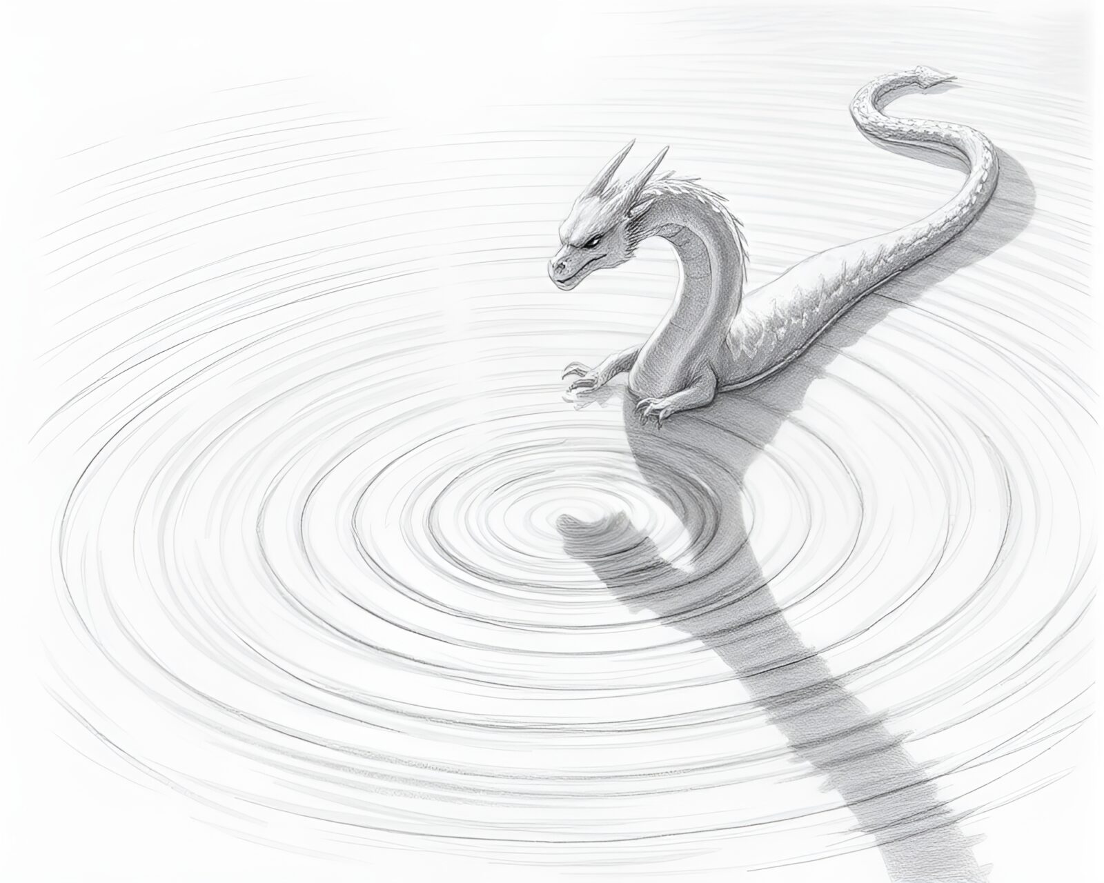 Fantastical dragon with snow-kissed light reflecting in water ripples