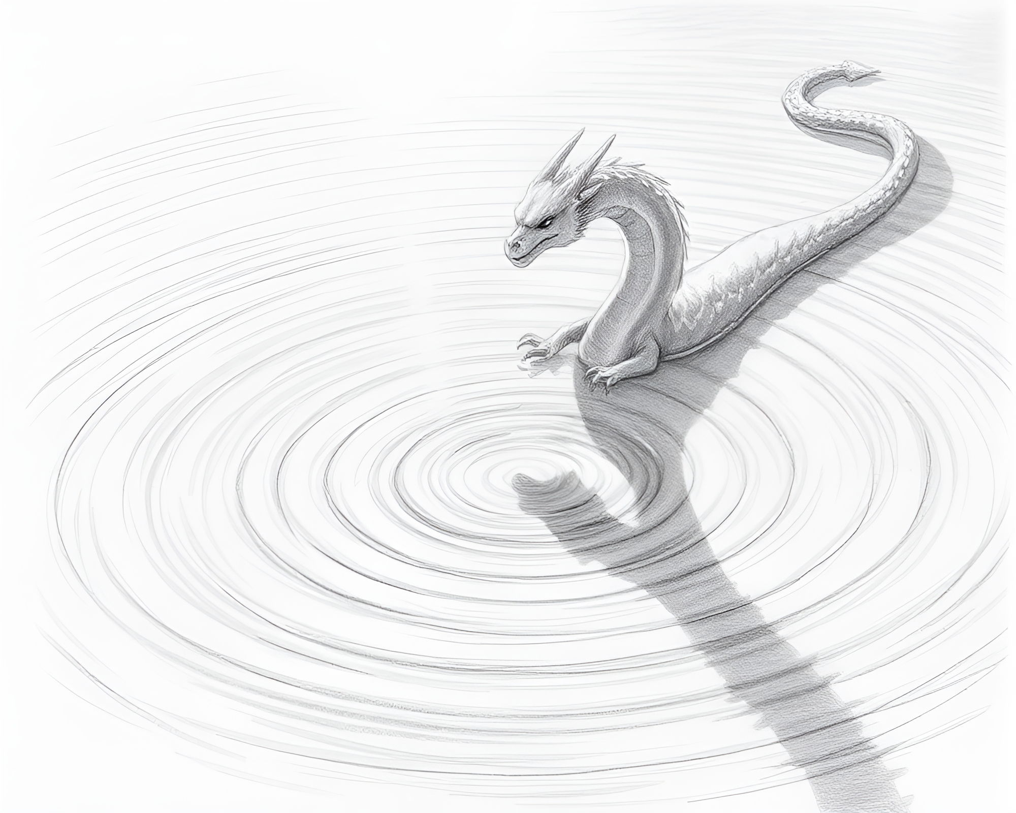 Dragon’s Snow-Kissed Reflection in Water Ripples Sketch – free AI stock image