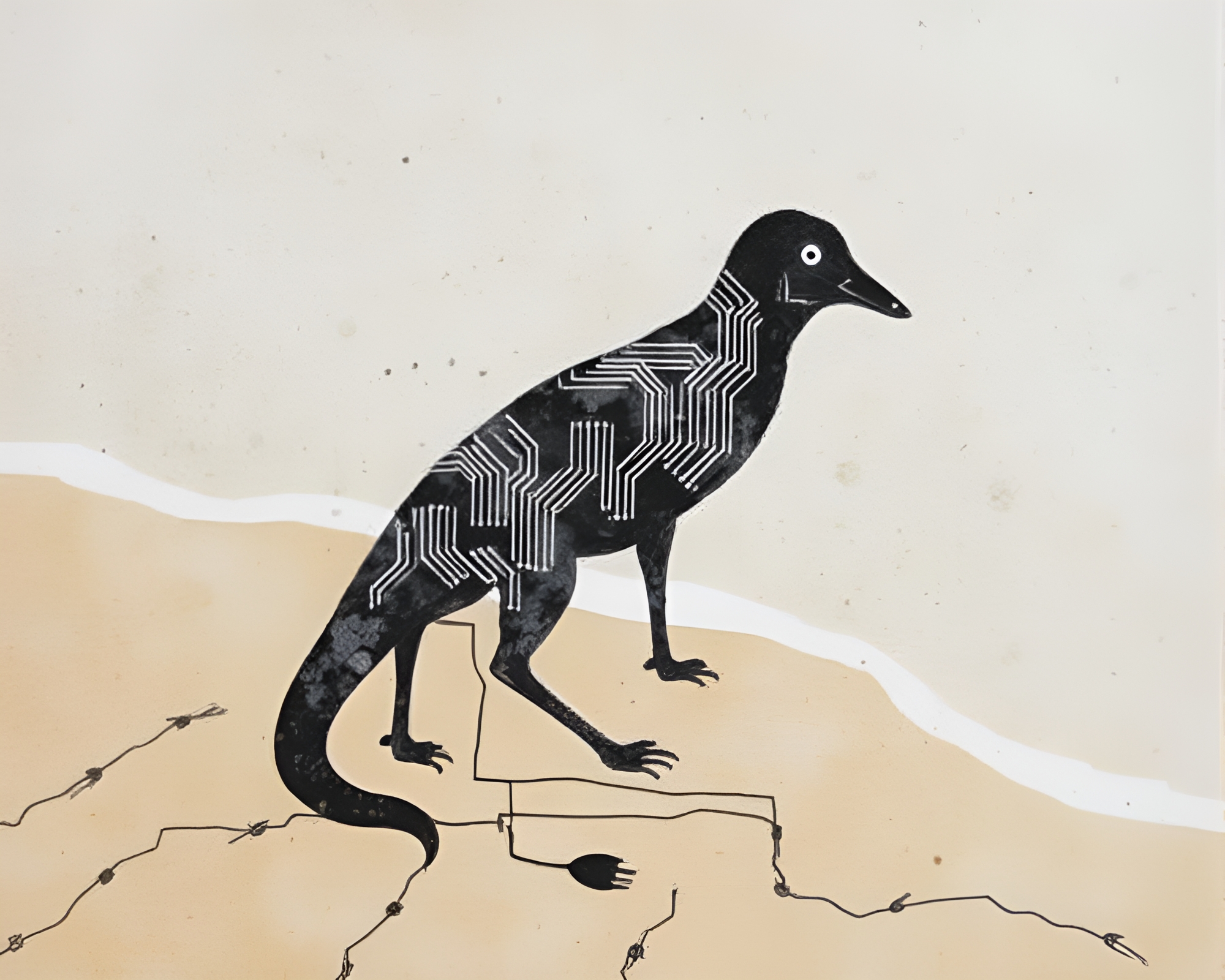 Wildlife Watercolor Beach with Charcoal Black Circuit Board Traces – free AI stock image