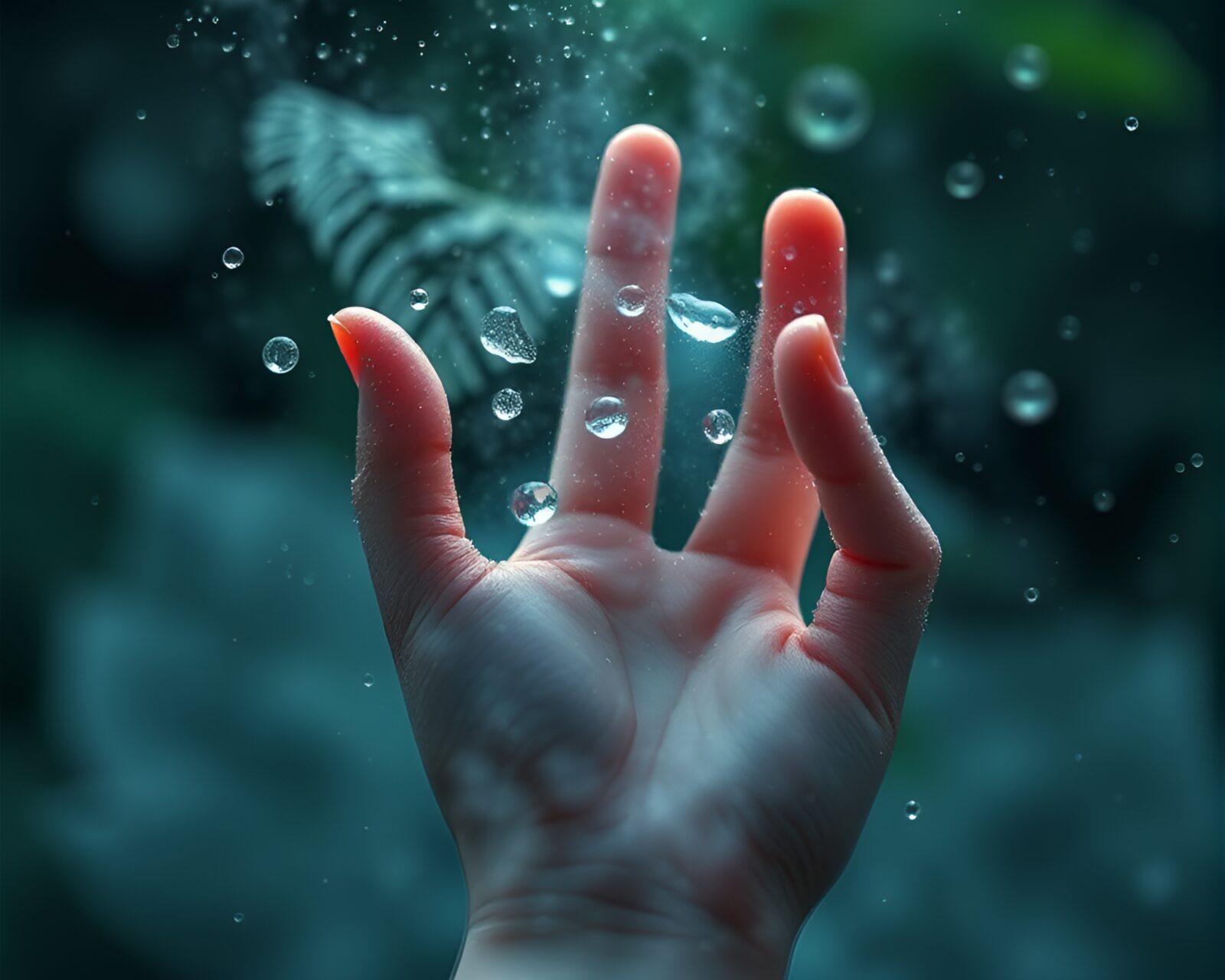 Illustration of a cybernetic hand covered in dew drops in misty garden