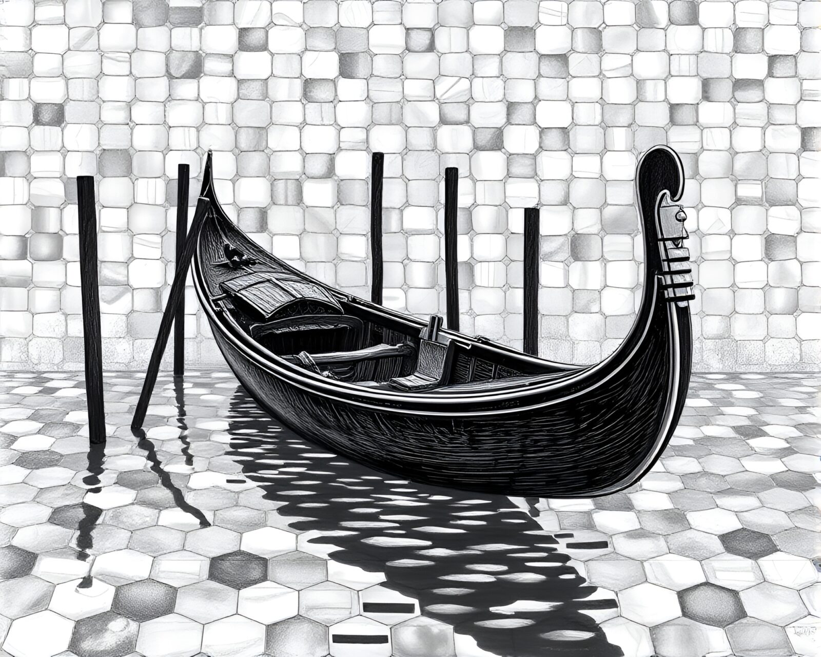 Graphite gray etched image of Venetian gondola on hexagonal tiles