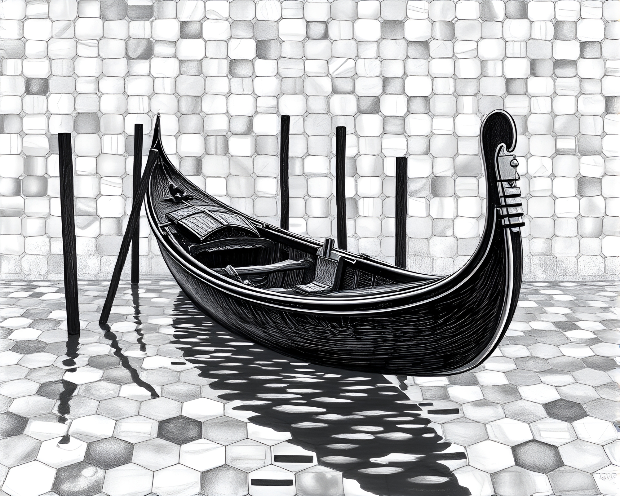 Hexagonal Tiling with Venetian Gondola in Etched Style – free AI stock image