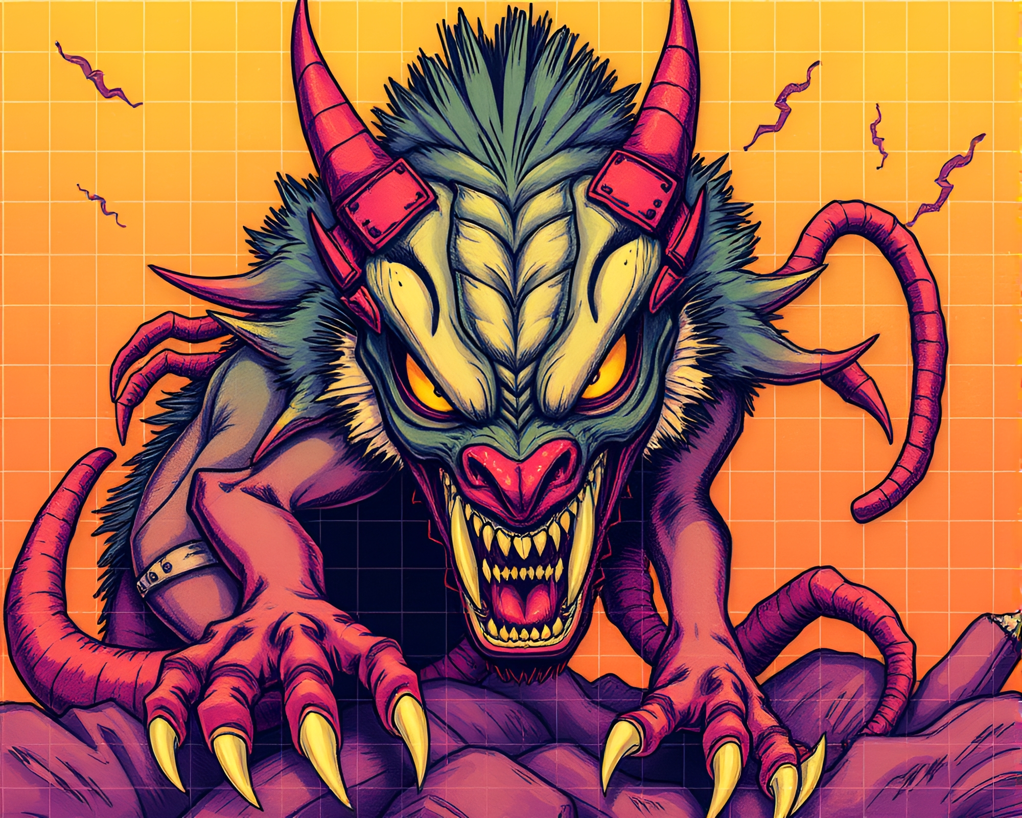 Cerberus Triplet Grid: Colorful Childhood Fantasy Illustration – free AI stock image