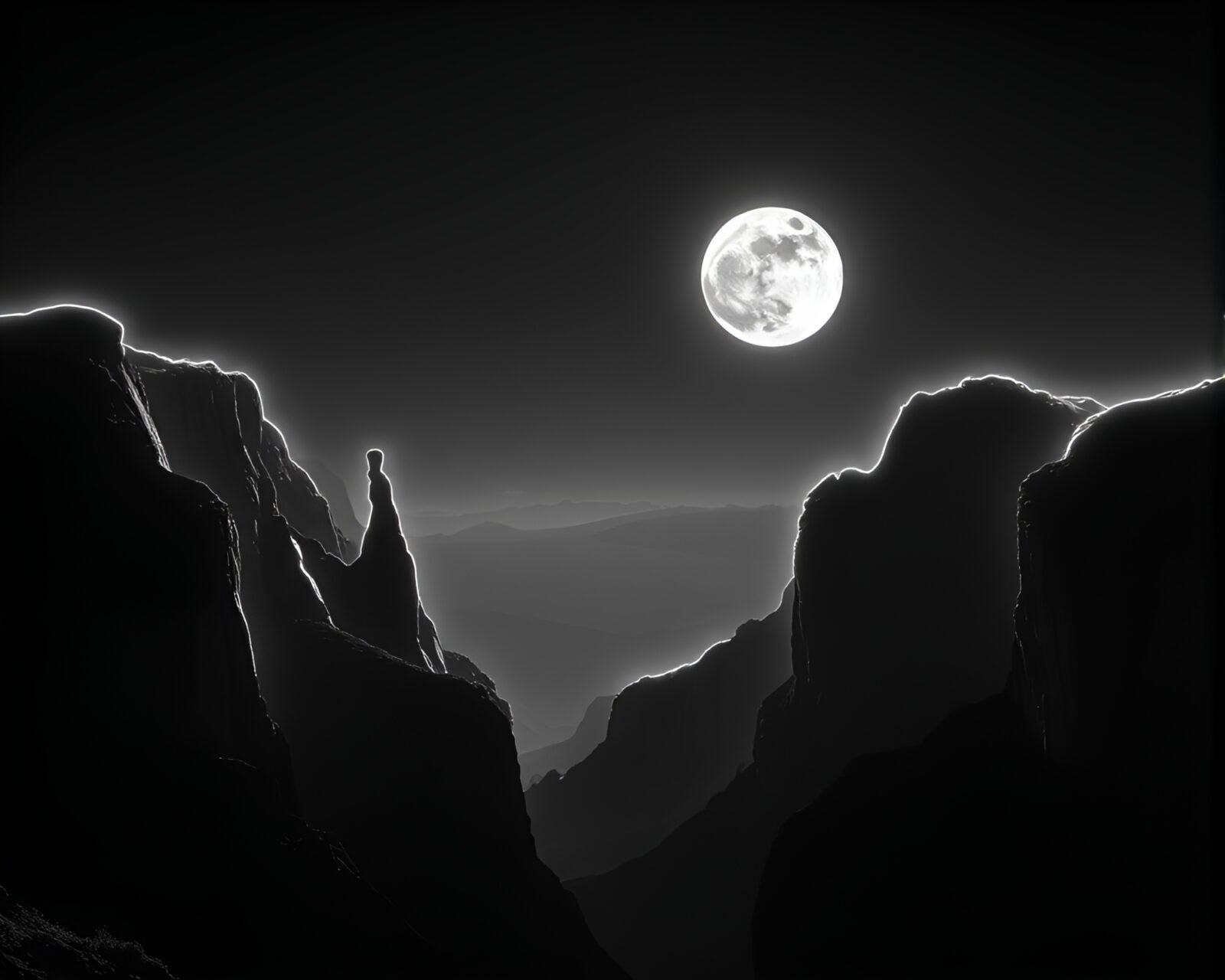 Glowing neon wires create a moonlit canyon silhouette.