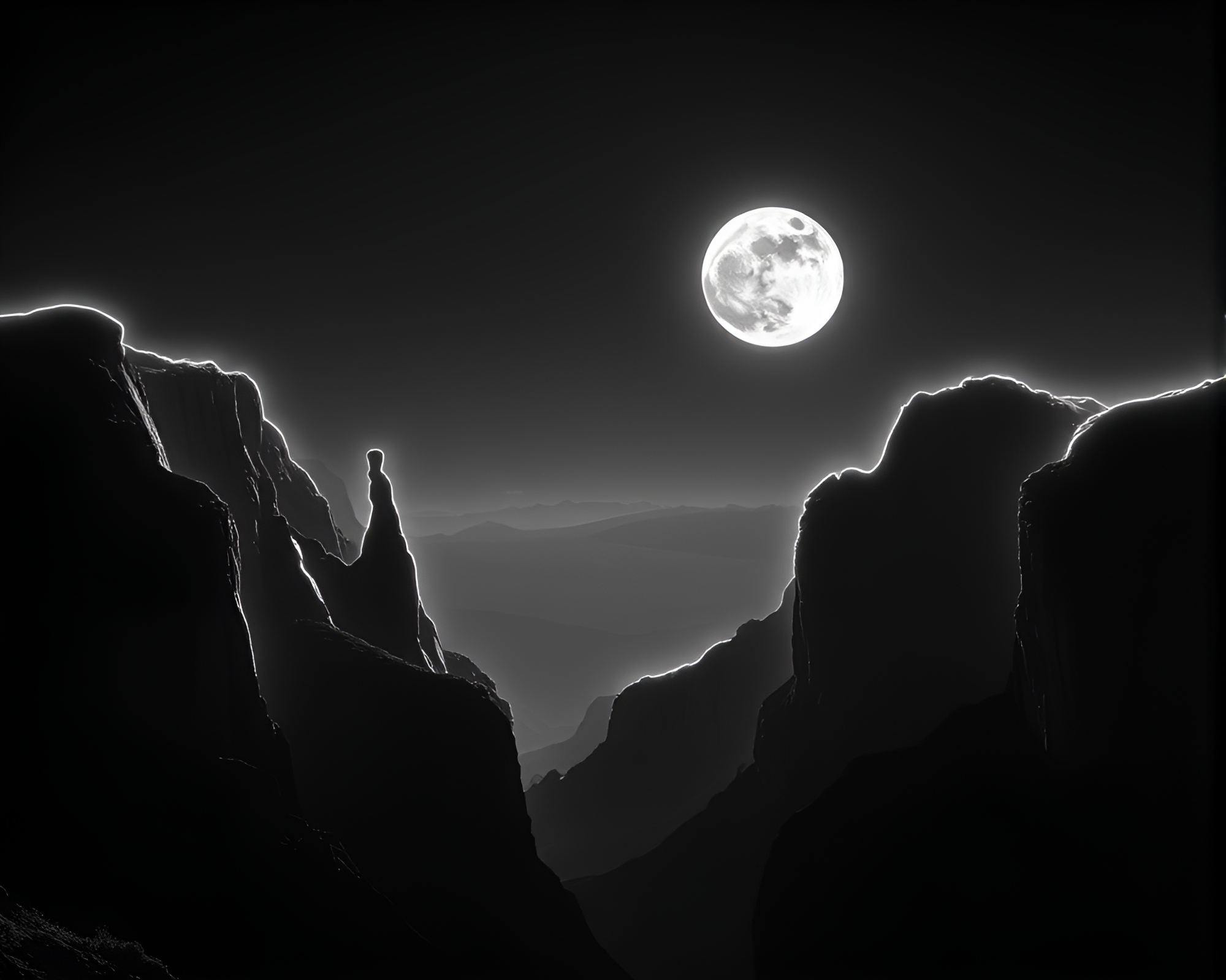 Neon Wireframe Canyon: Lunar Grayscale Silhouette – free AI stock image