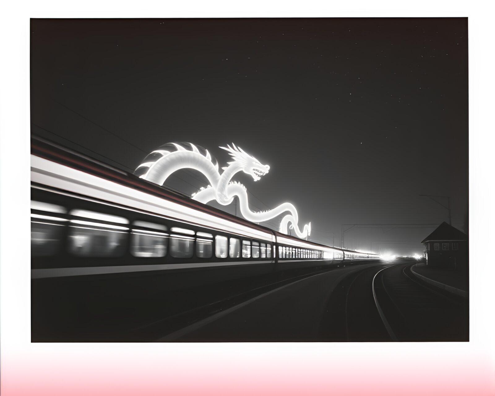 Spectacular red celestial dragon trail in monochrome polaroid frame