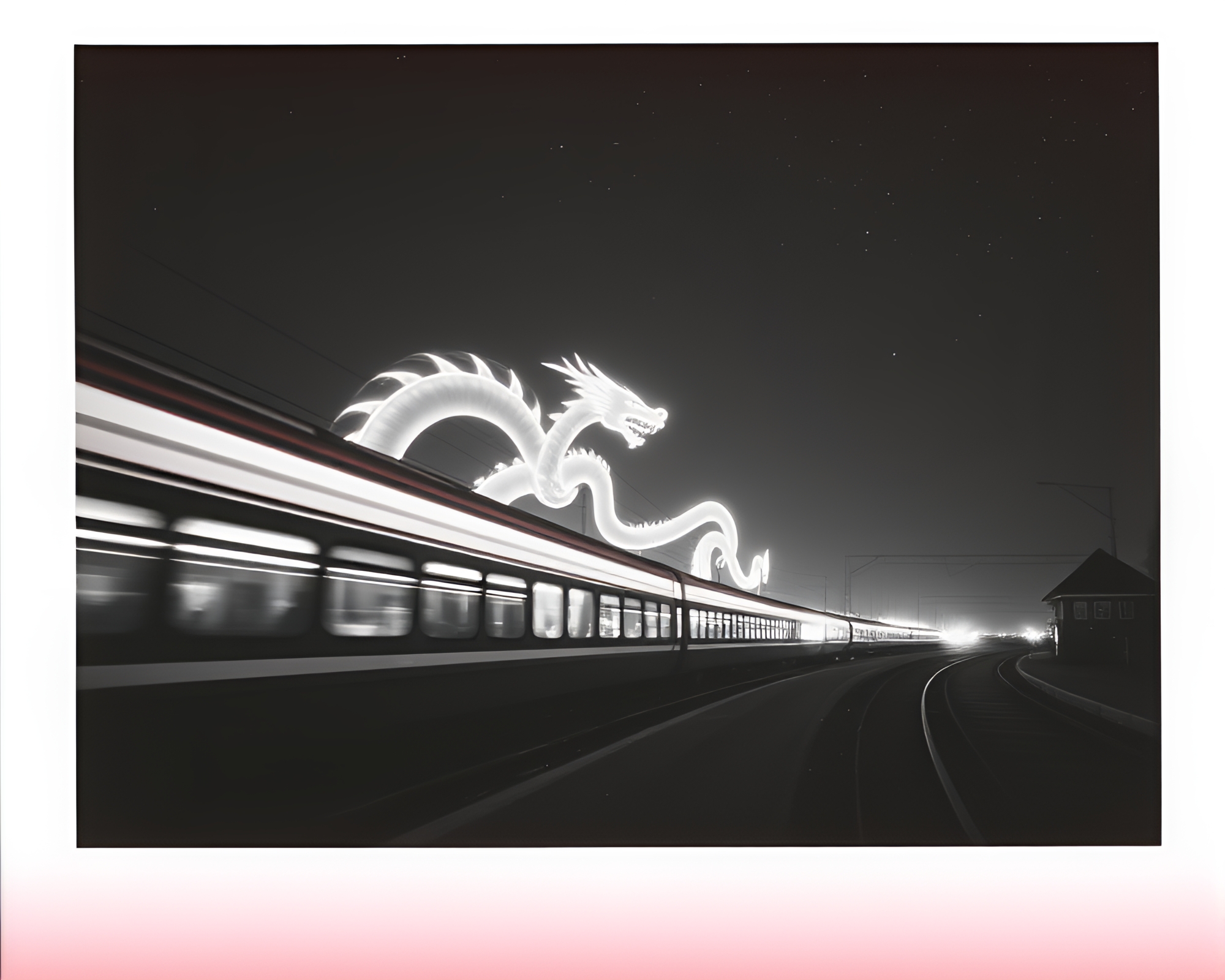 Celestial Dragon Train: Monochrome Polaroid Light Trails – free AI stock image