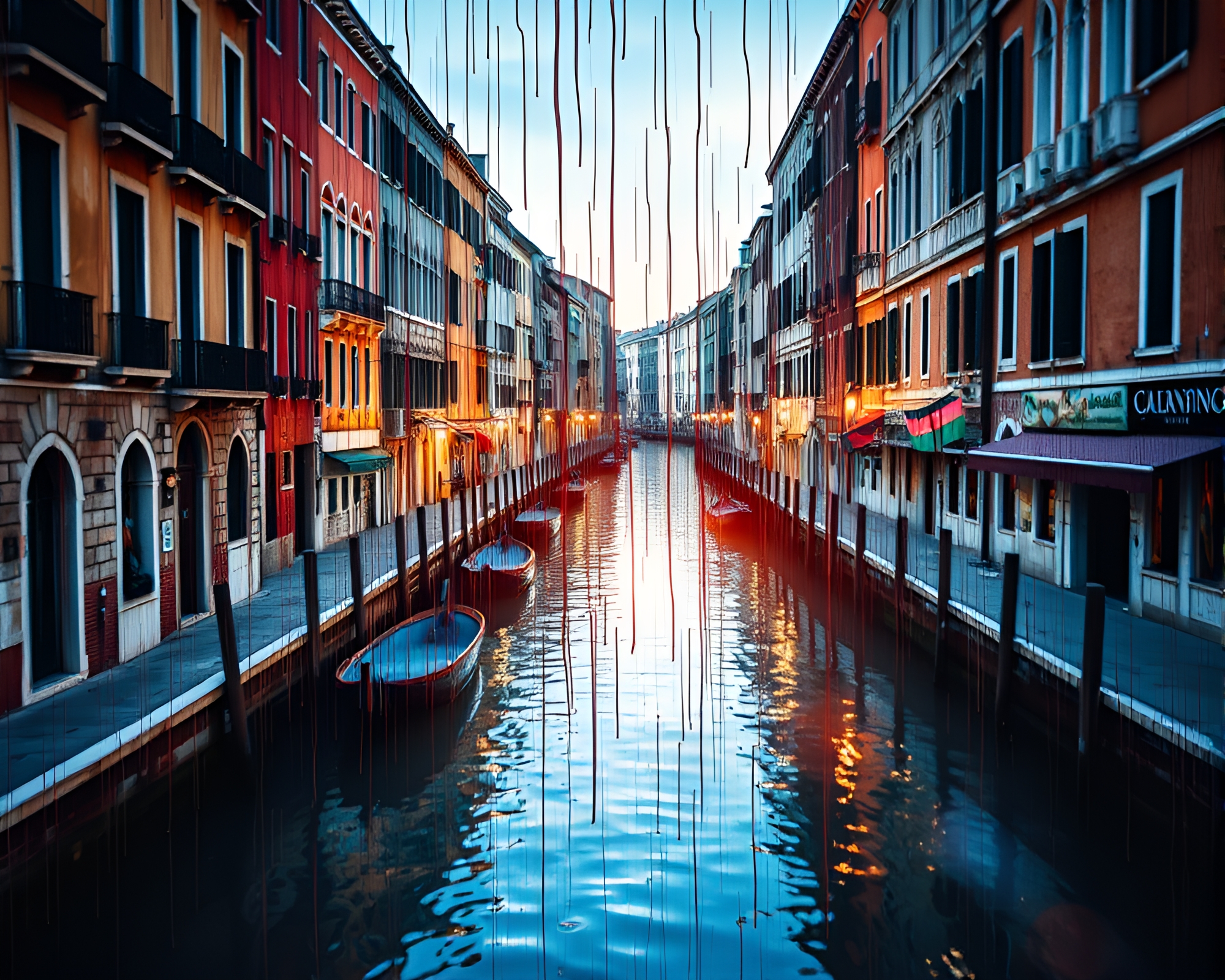 Venetian Canal with Paint Drips and Lens Flare – free AI stock image