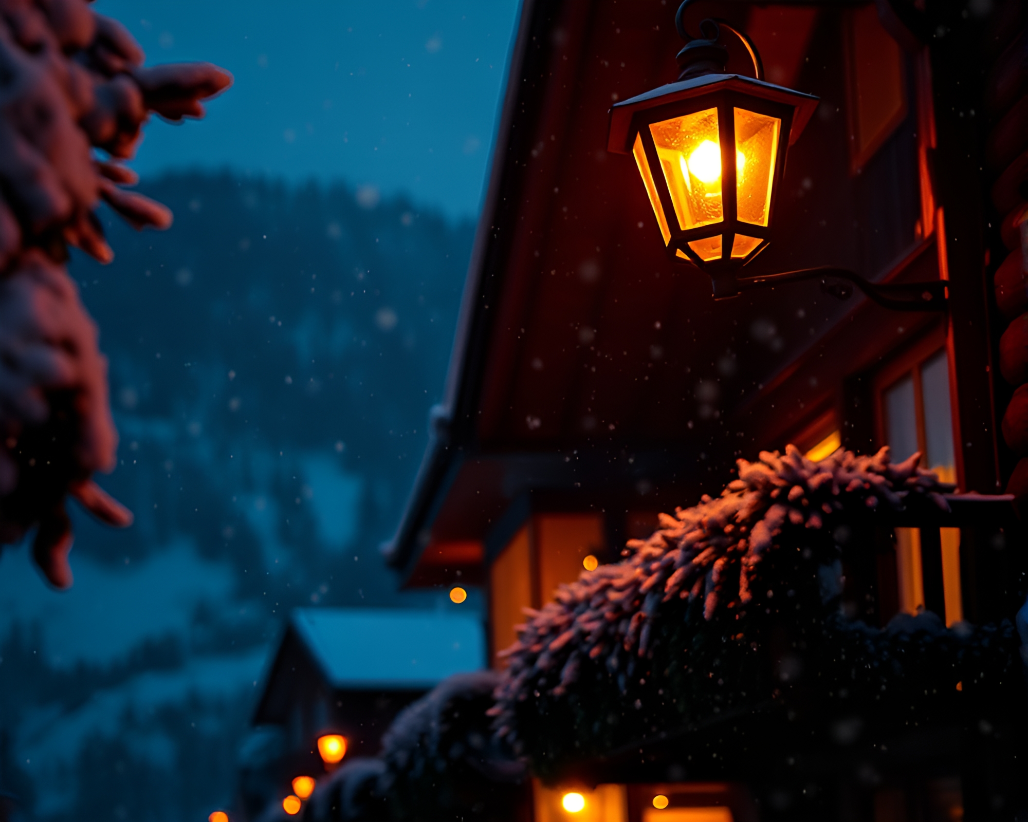 Alpine Chalet Depth Layering in Streetlamp Glow – free AI stock image