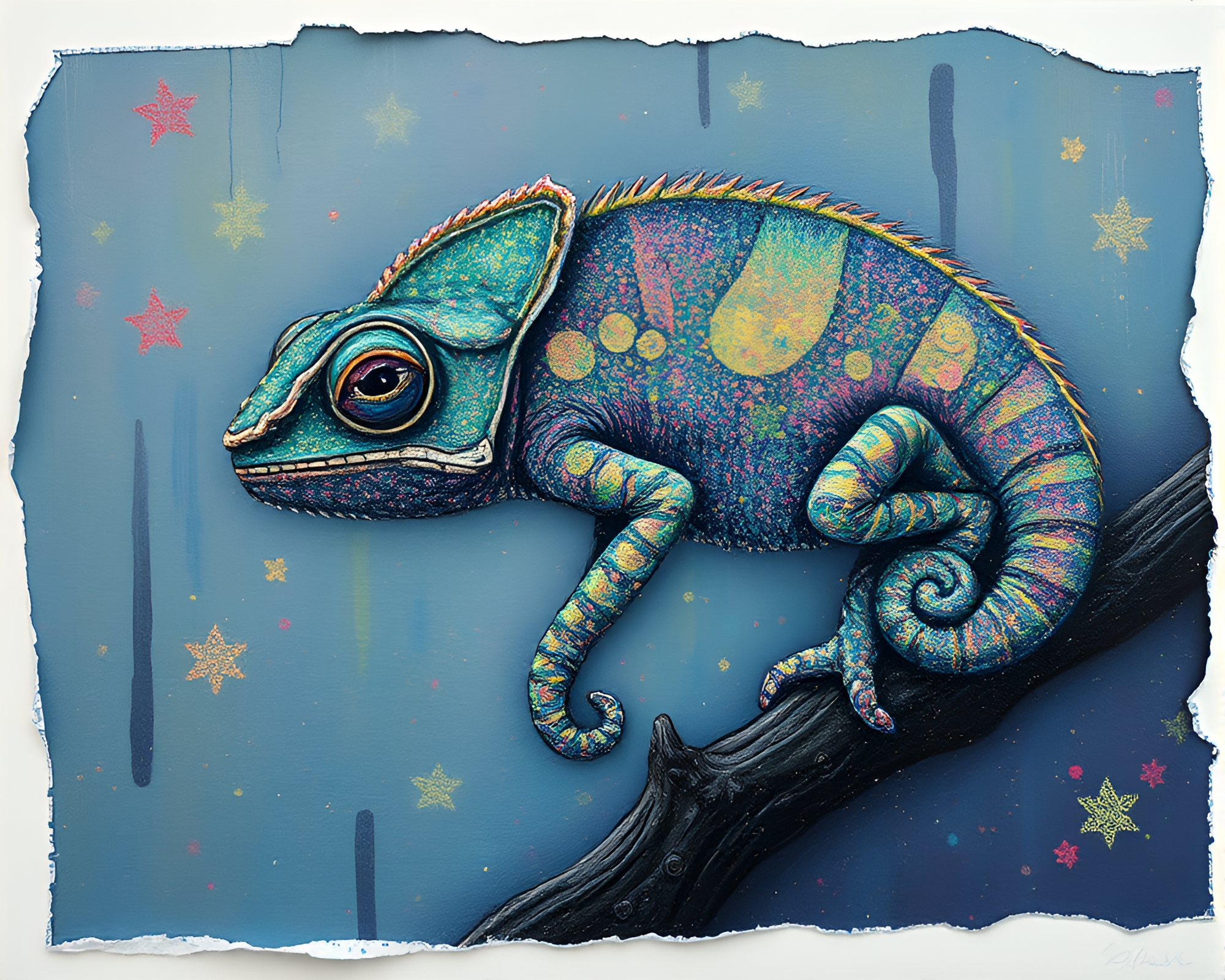 Chameleon blending in torn edge underpainting – free AI stock image