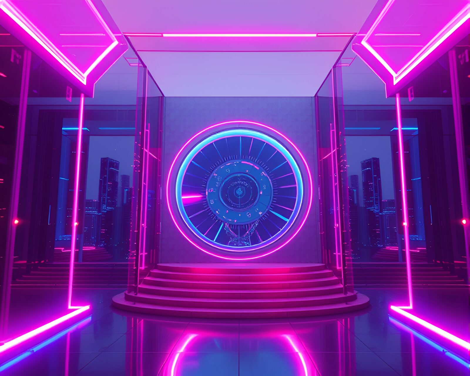 Synthwave-style urban skyline seen through topaz bright lens