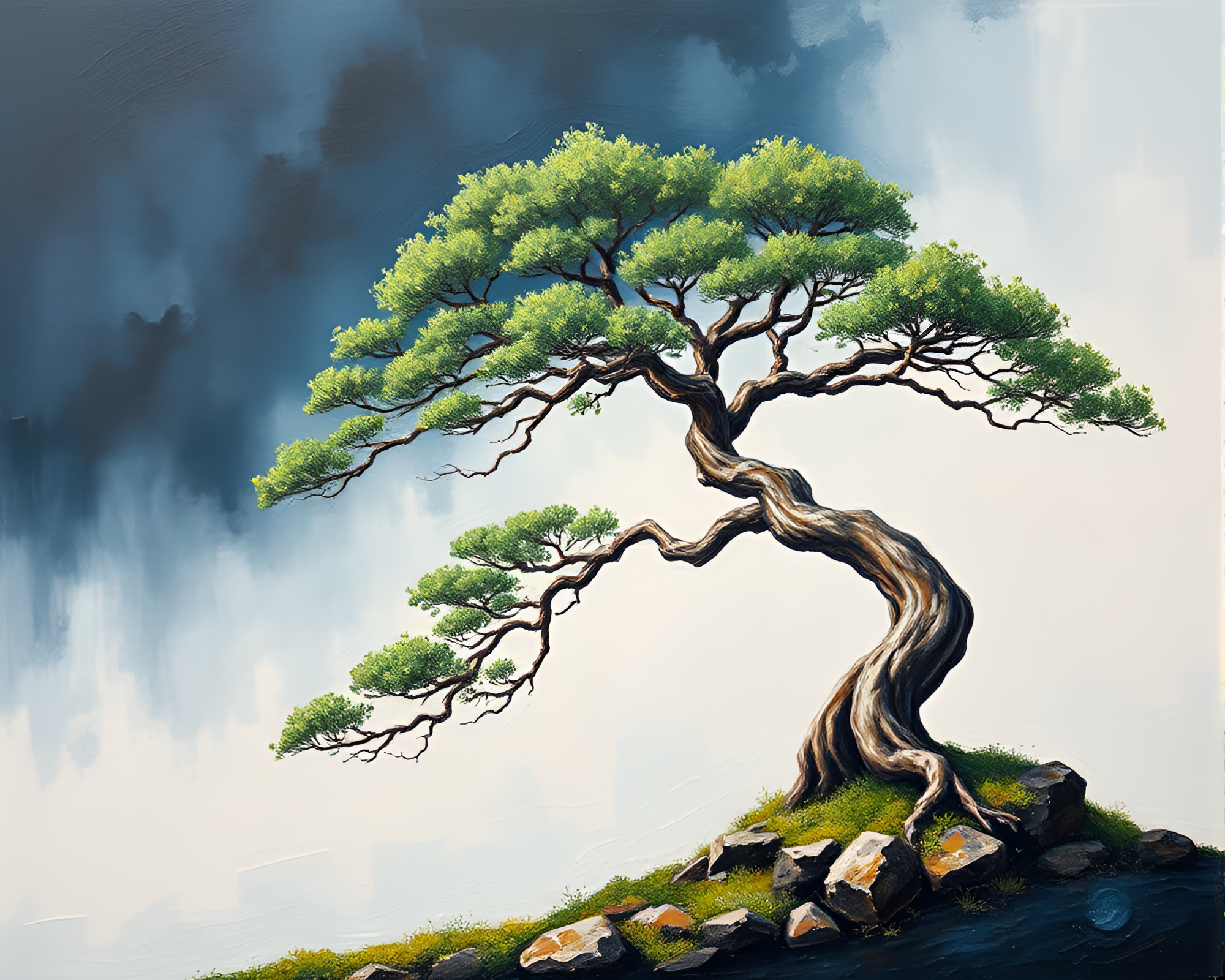Bonsai Serenity: Oil-rich Color Field Painting of Asymmetrical Balance – free AI stock image