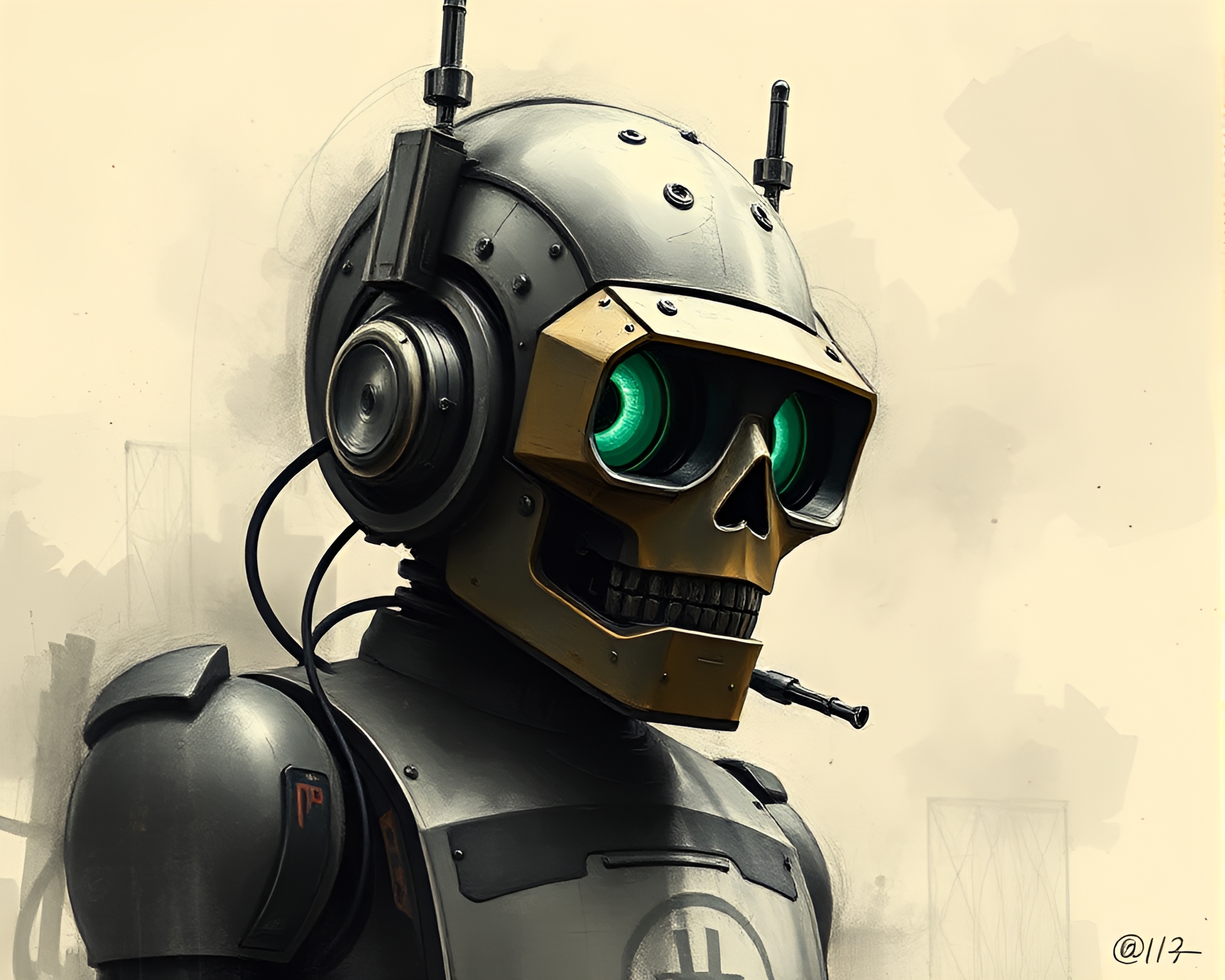 Steampunk Robot Charcoal Art with VHS Distortion – free AI stock image