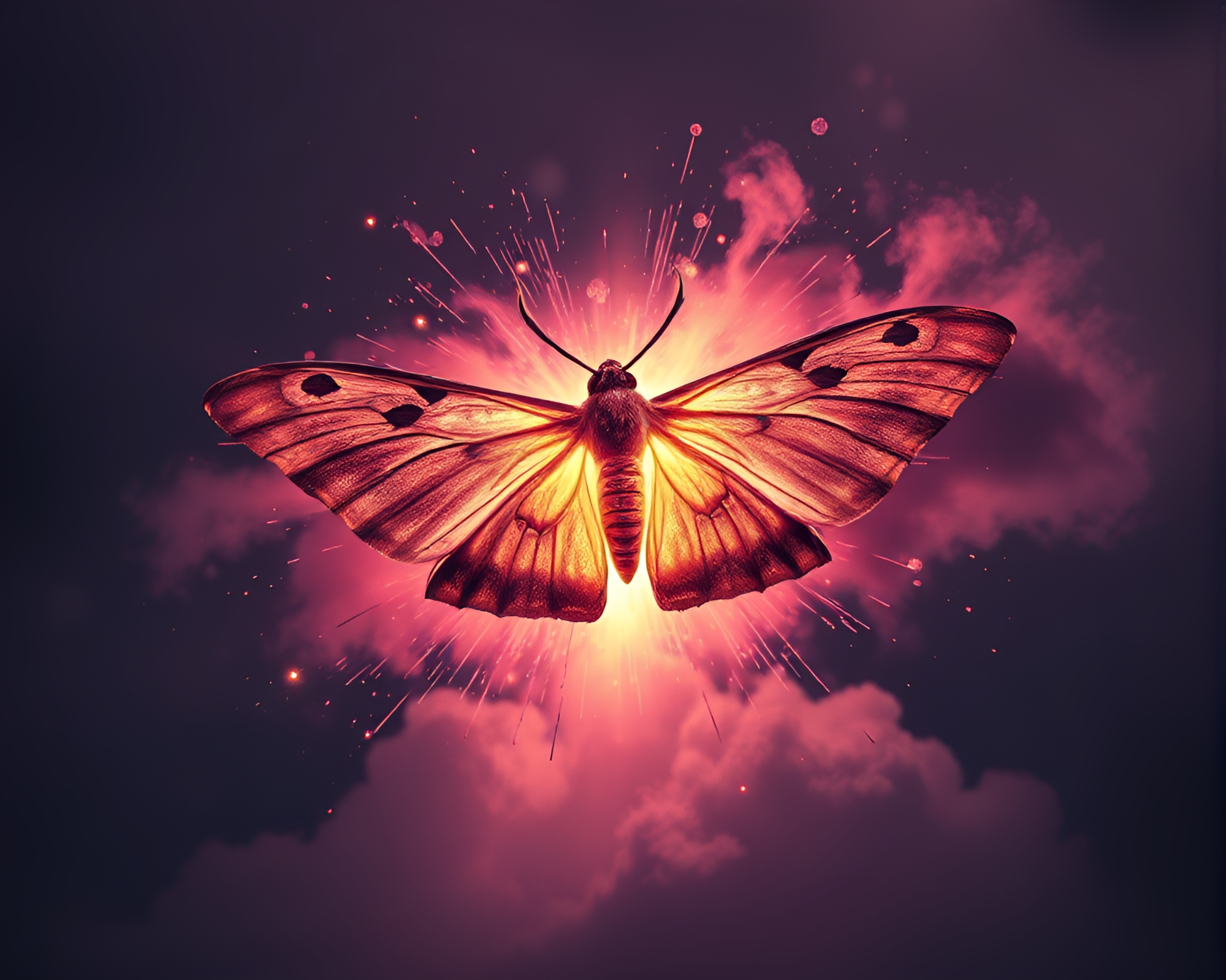 Moth Emerges from Vibrant Explosion Cloud in Duotone – free AI stock image