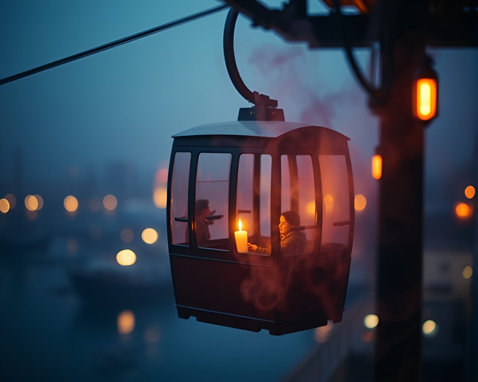 Gondola lift shrouded in candle smoke with bokeh effect