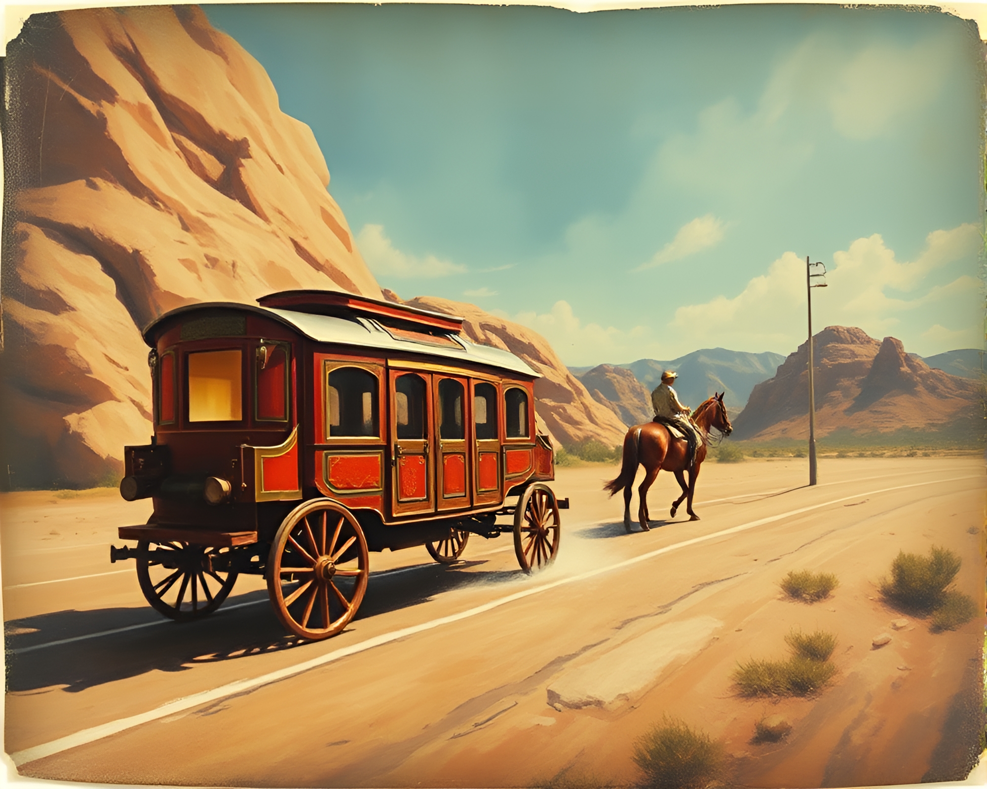 Vintage Stagecoach Race: Dynamic Fresco Painting – free AI stock image