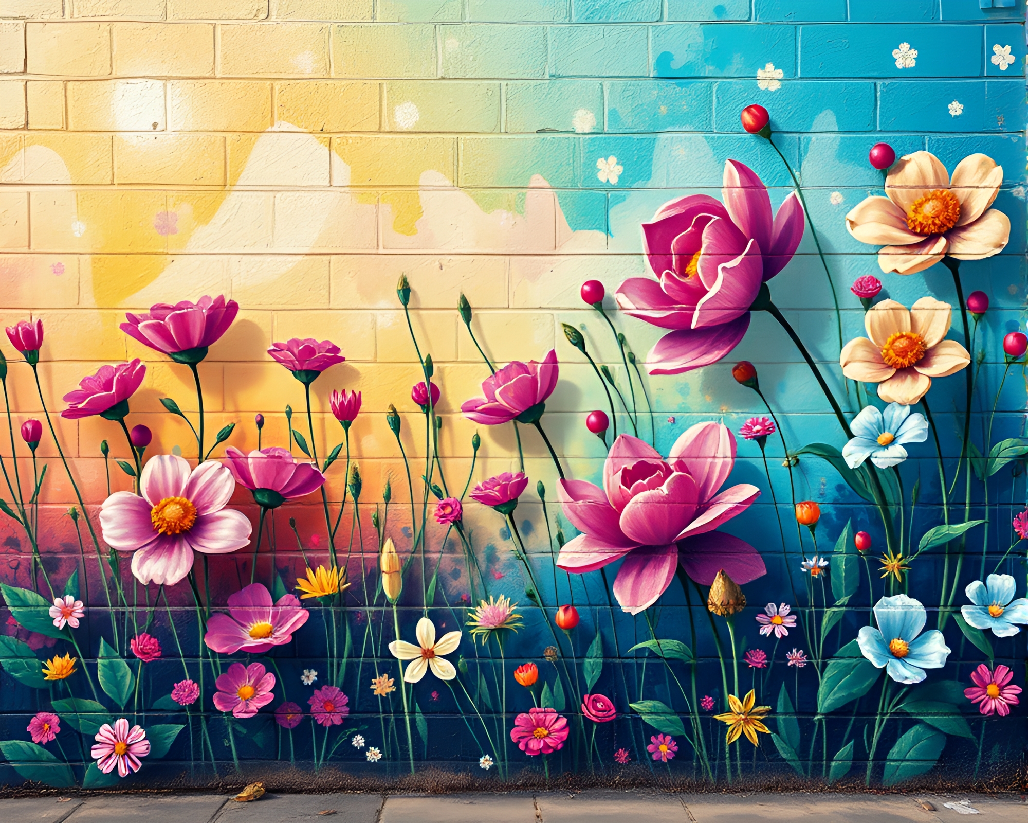 Anime-Style Flowering Meadow Mural Graffiti – free AI stock image