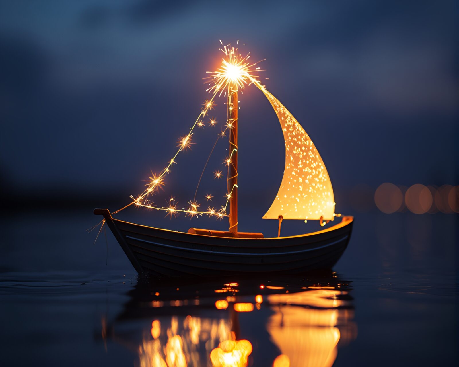 Detailed line art of a solar sailboat glowing in fairy light