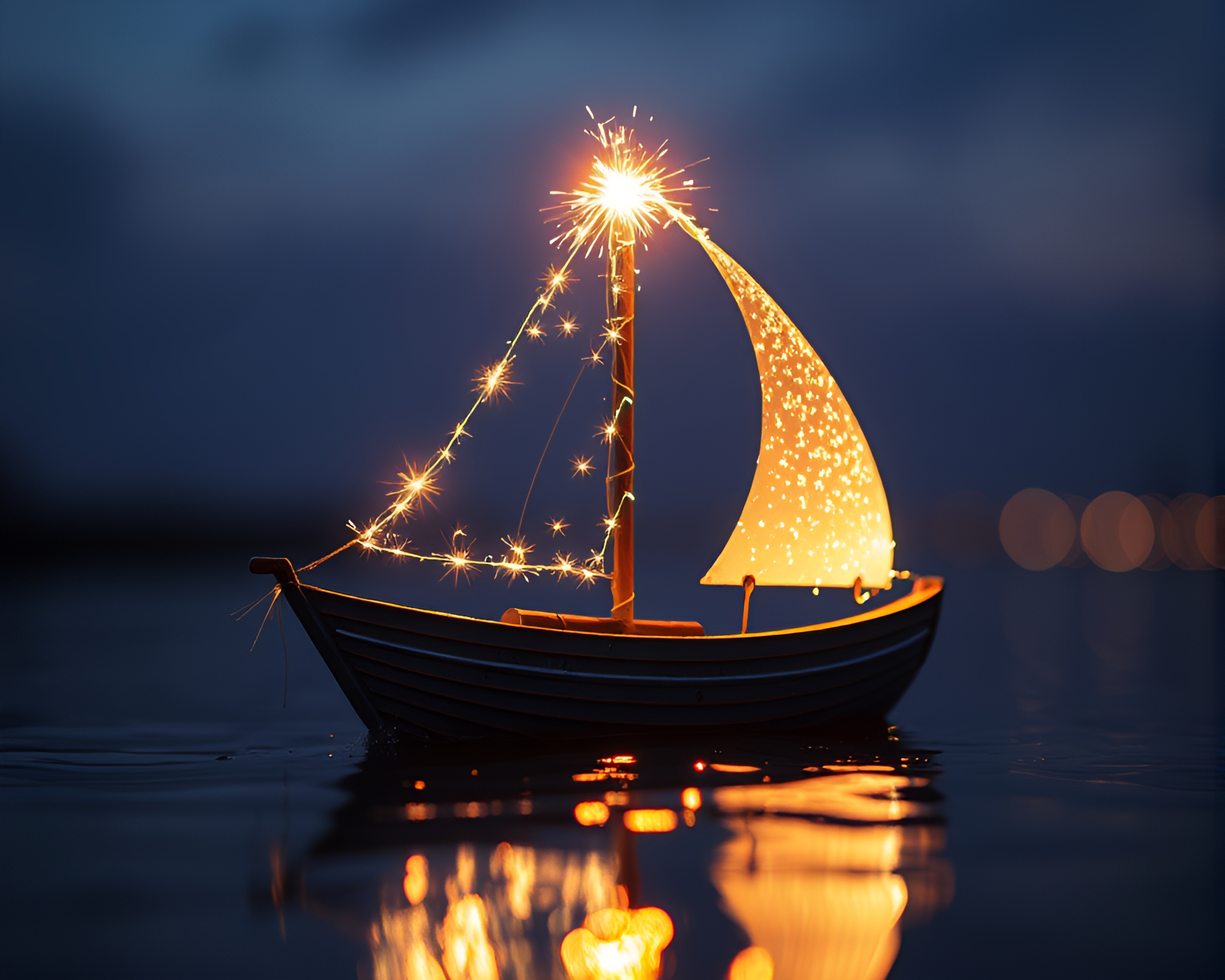 Solar Sailboat Floating in Fairy Light Sparkle Macro Detail – free AI stock image