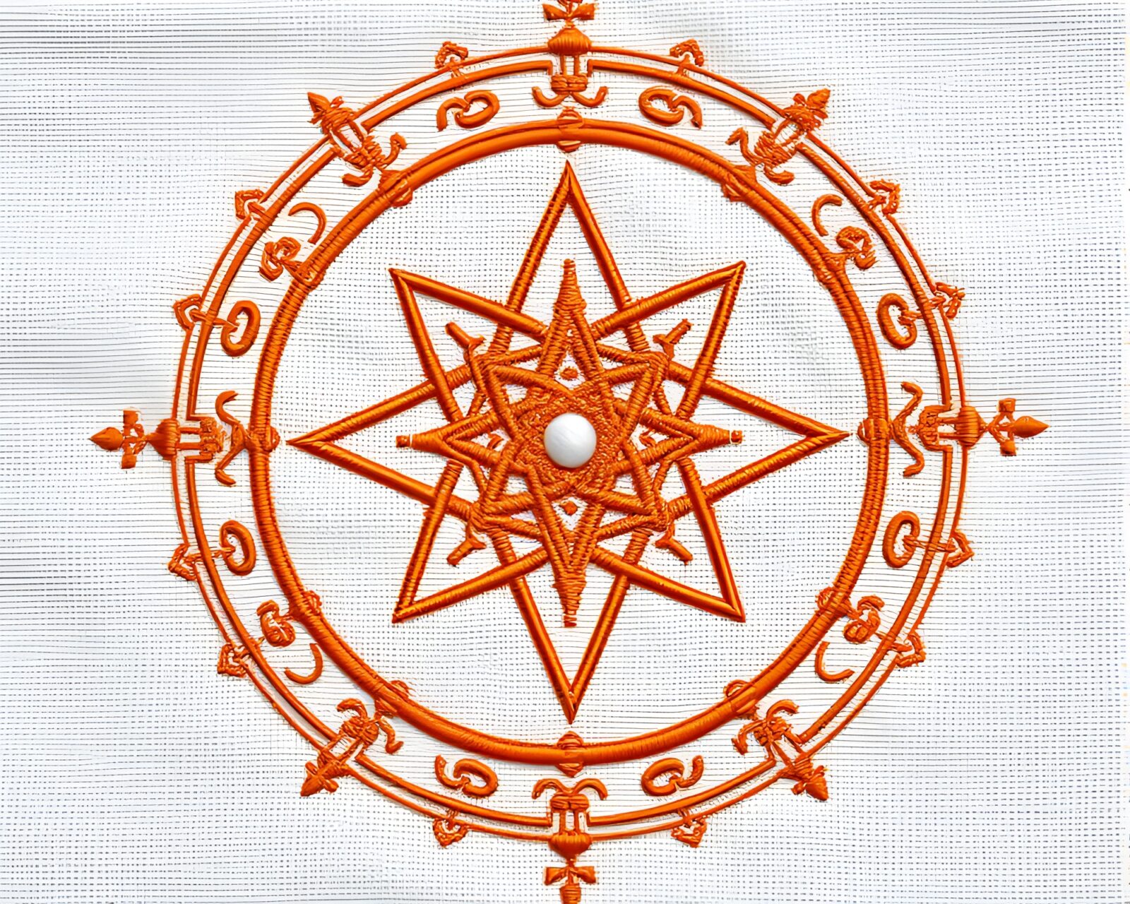 Intricate esoteric symbol embroidered in burnt orange hues