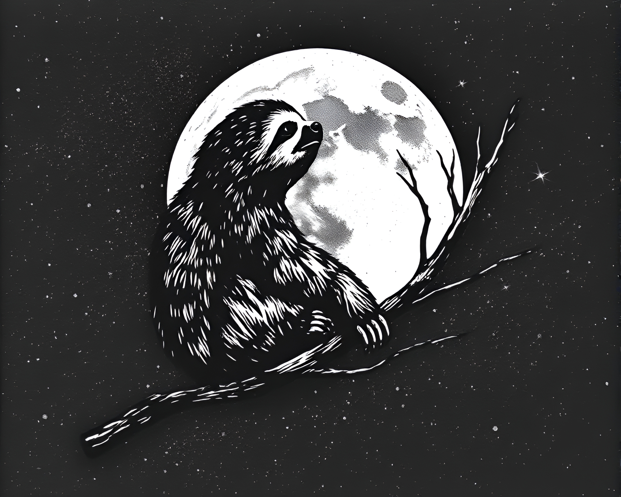 Lunar Calligraphy: Sloth in Linocut Textures – free AI stock image