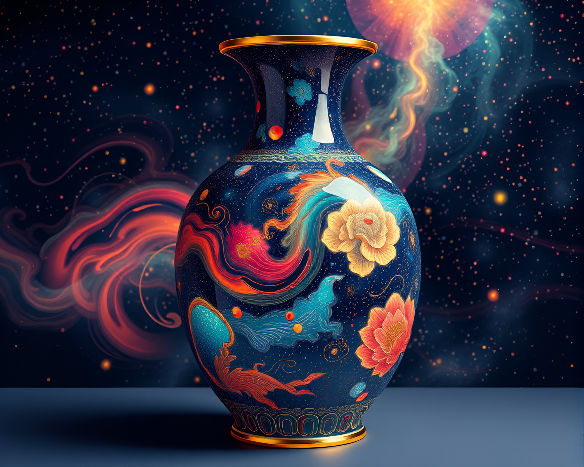 Dancing Cloisonné Vase in Galaxy Line Art – free AI stock image