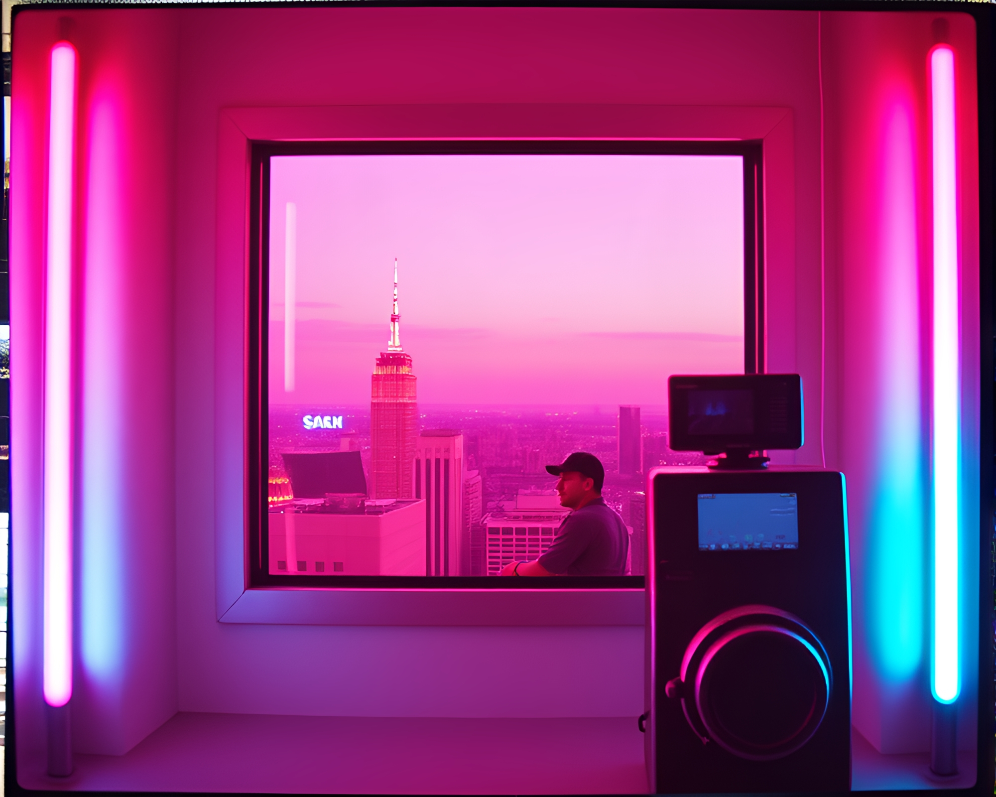 Pastel Neon Time Traveler Polaroid Vignette – free AI stock image