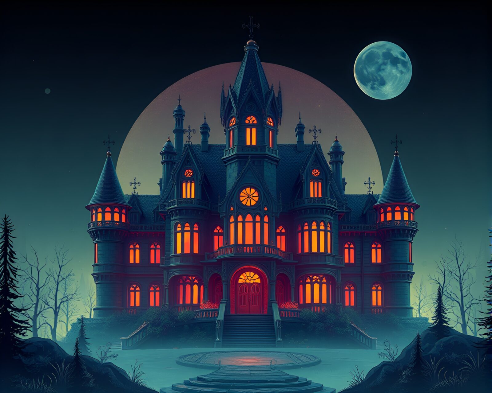 Digital noise enhances atmosphere of futuristic, earth-toned mansion.