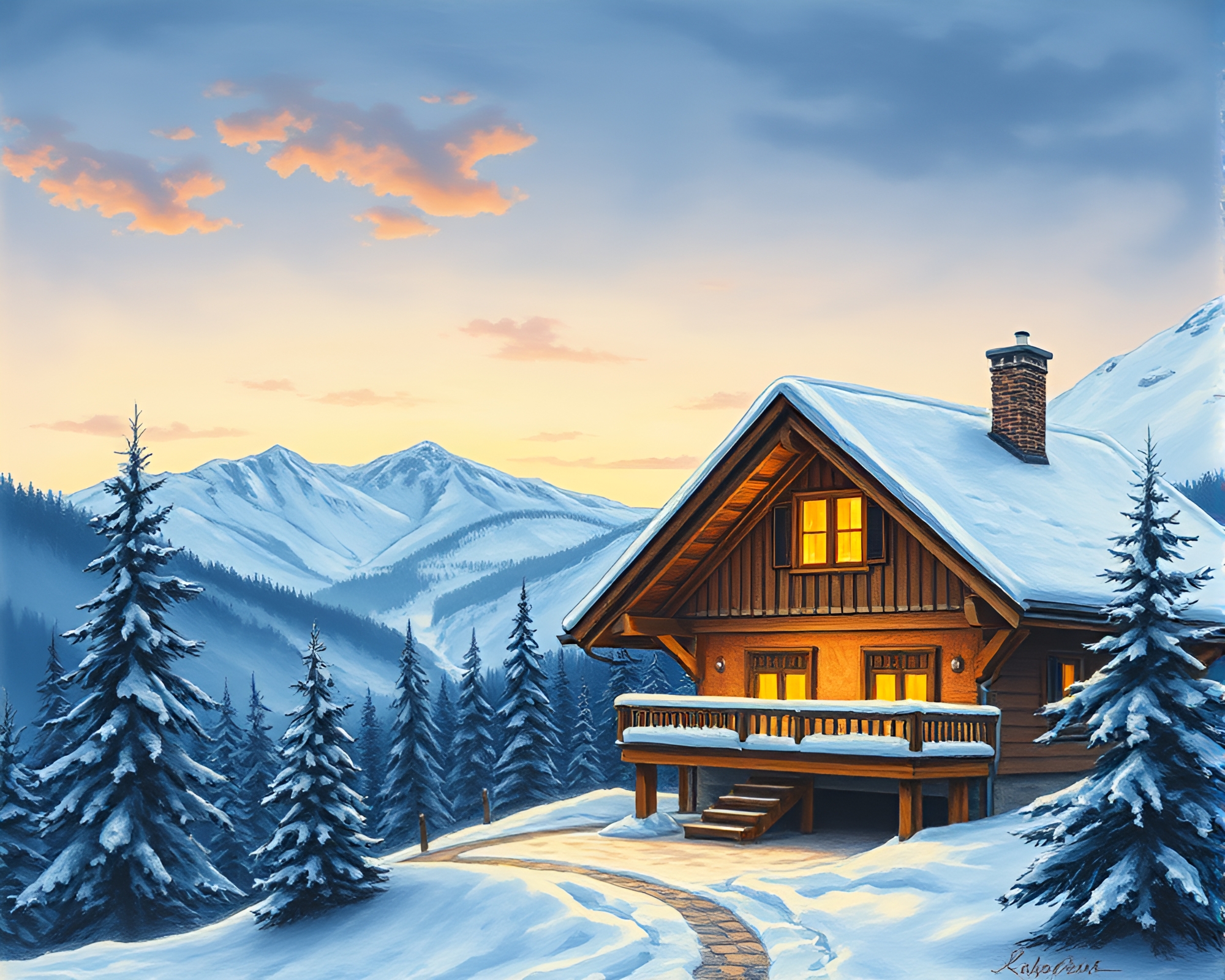 Alpine Chalet in Cool Dawn Light: Conté Crayon Drawing – free AI stock image