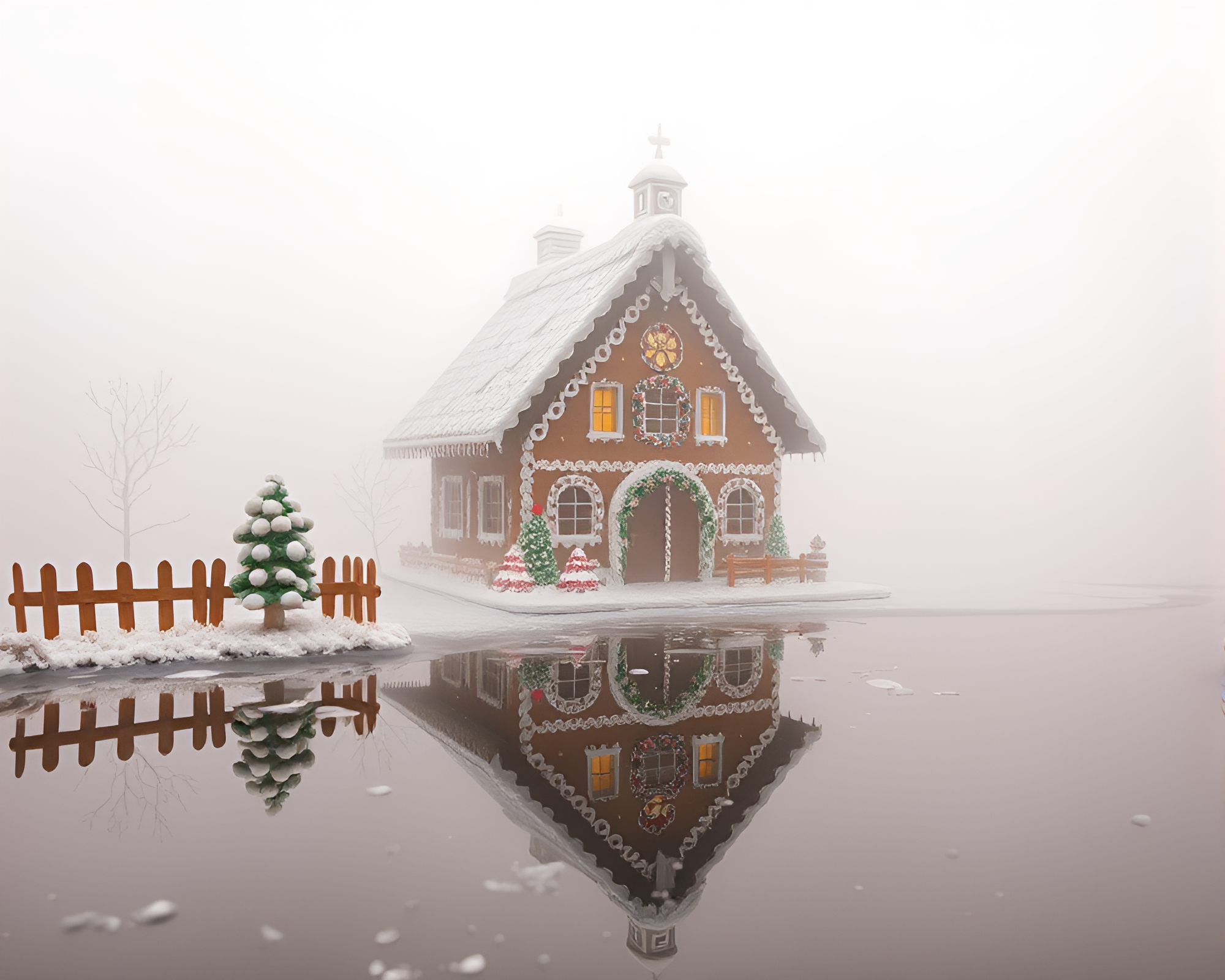 Foggy Gingerbread House Reflection in Shattered Mirror – free AI stock image