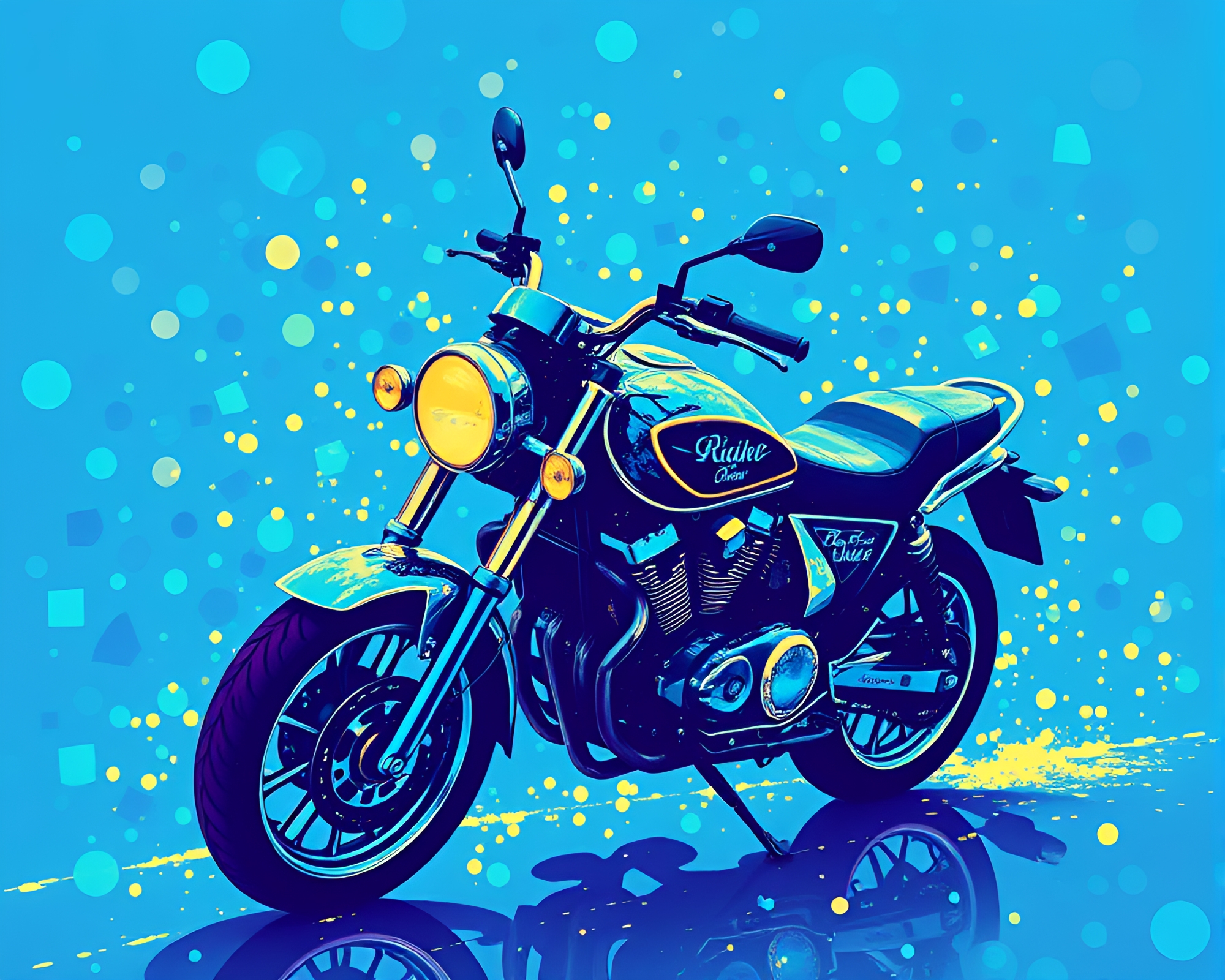 Neon Motorcycle Stencil Art in Ocean-Blue Kaleidoscope Fragments – free AI stock image
