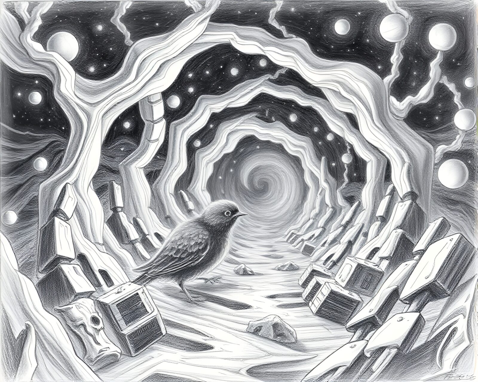 Surreal pencil sketch of distorted hatching universe landscapes