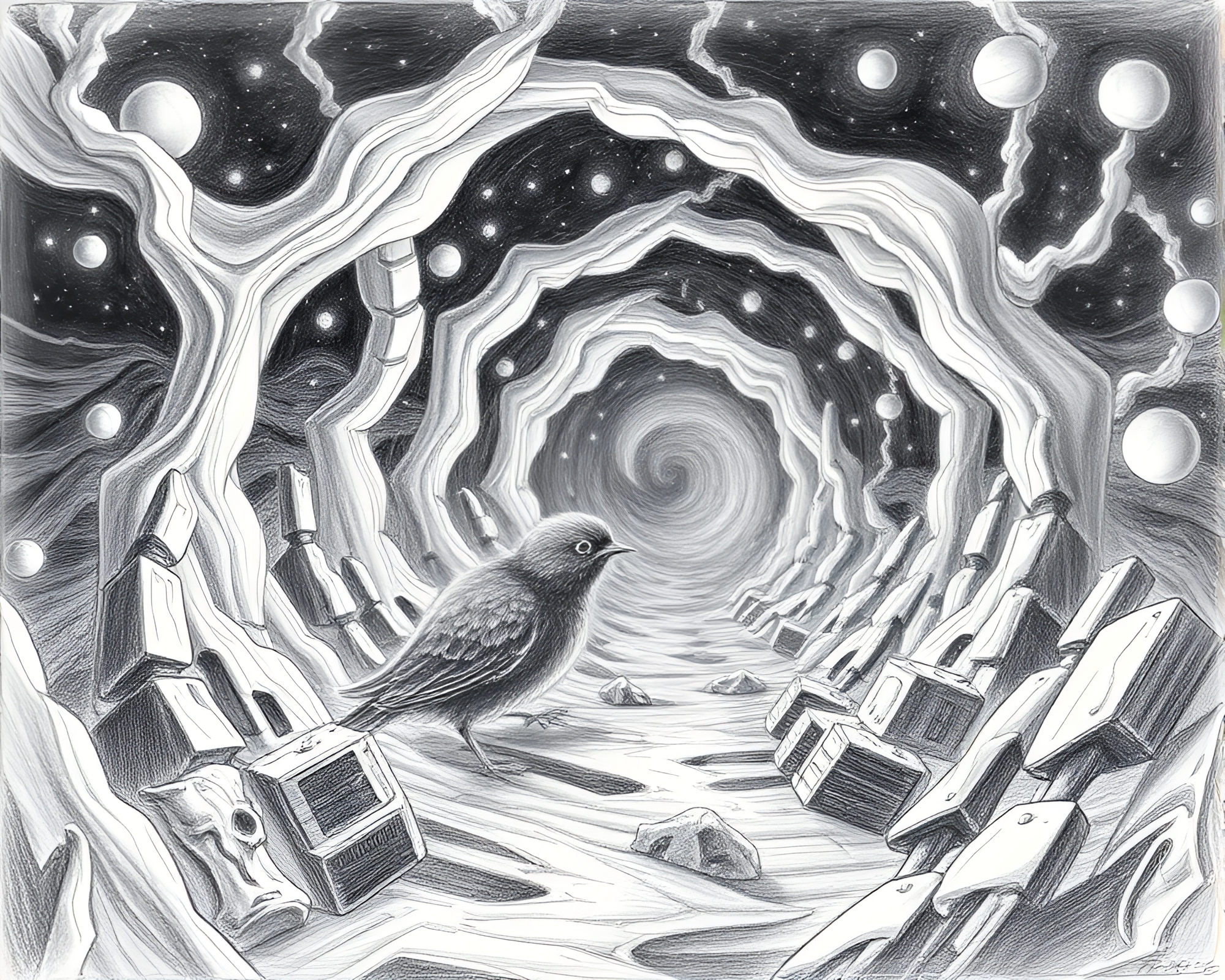 Hatching Parallel Universes VHS Sketched Fantasy Landscape – free AI stock image