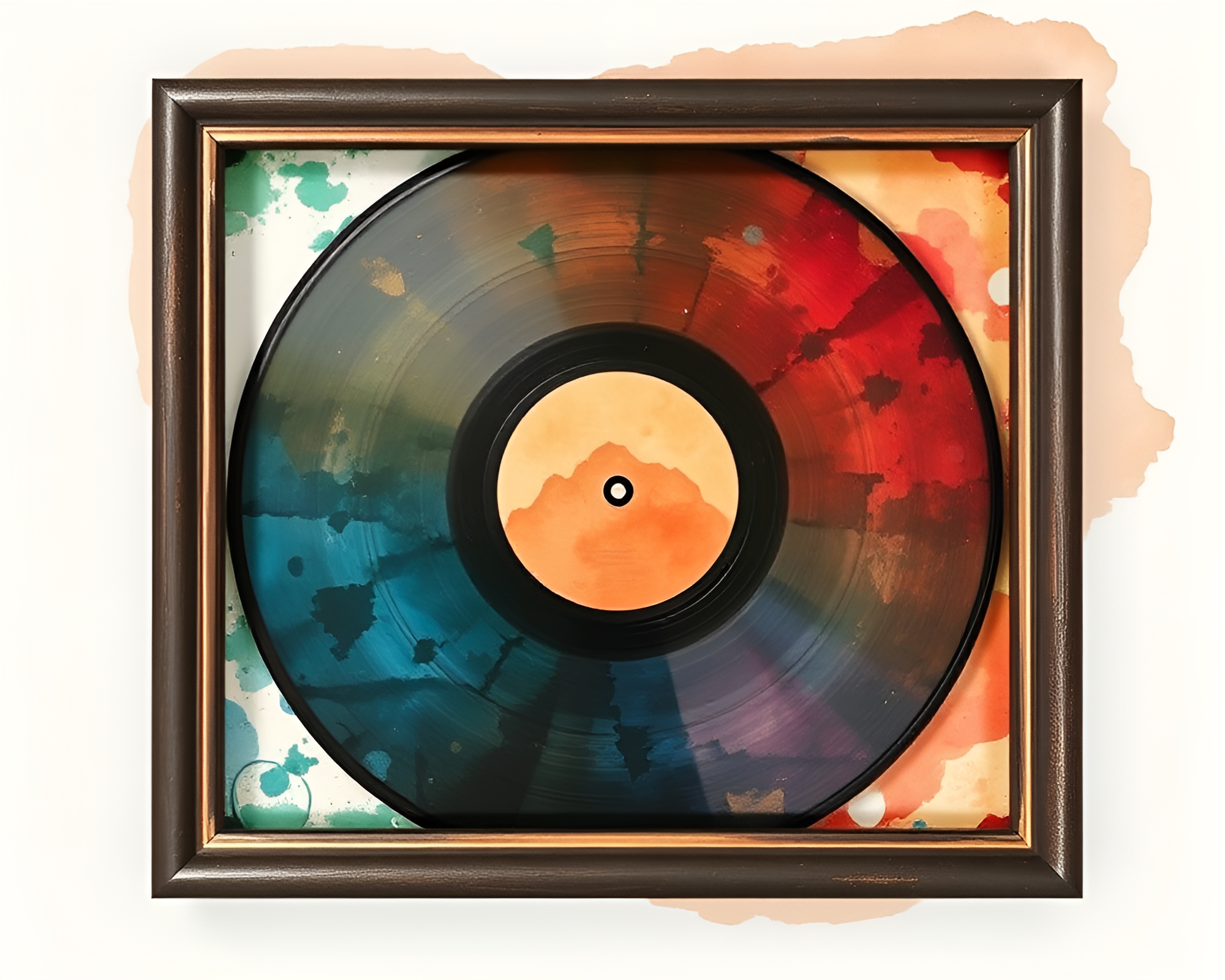 Vinyl Record Framed in Ink Wash Triadic Colors – free AI stock image