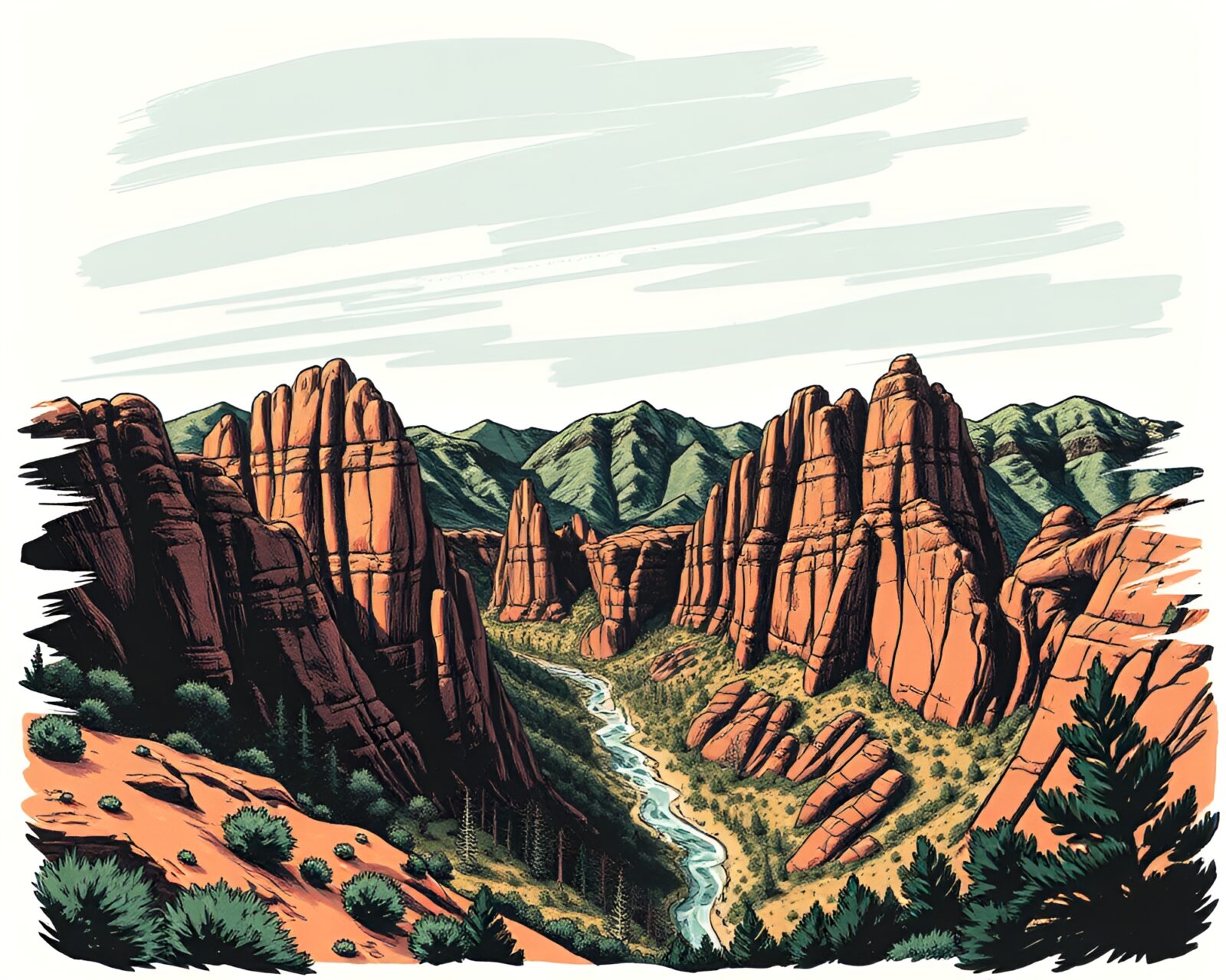 Colorful canyon scene with intricate tattoo designs overlay.