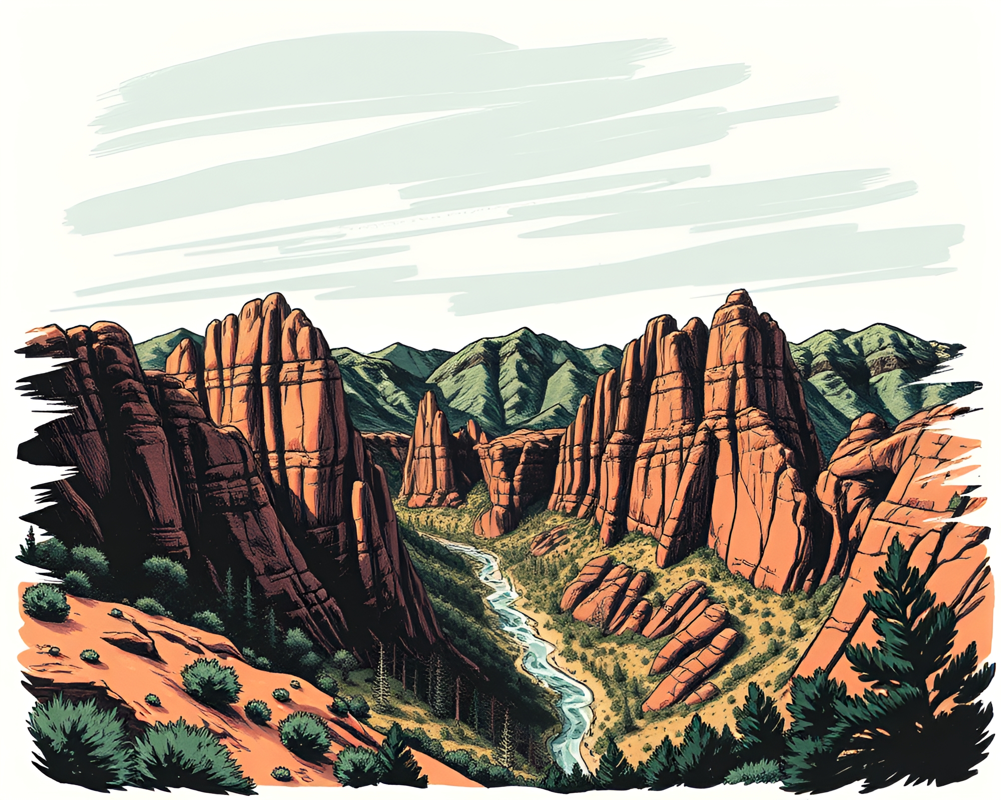 Canyon Serenity with Tattoo Flash Art Style – free AI stock image