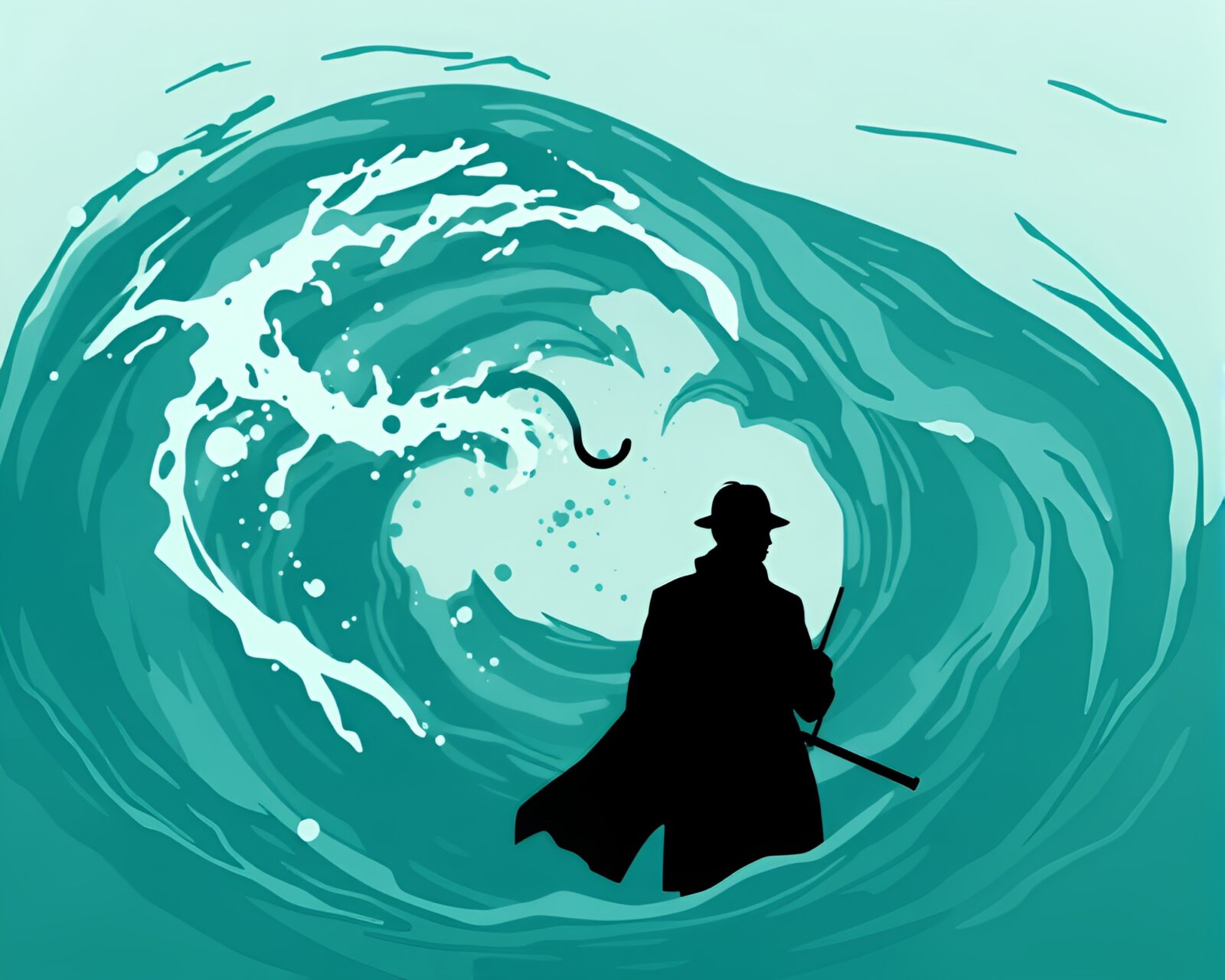 Silhouetted detective in swirling teal waters with toon shading