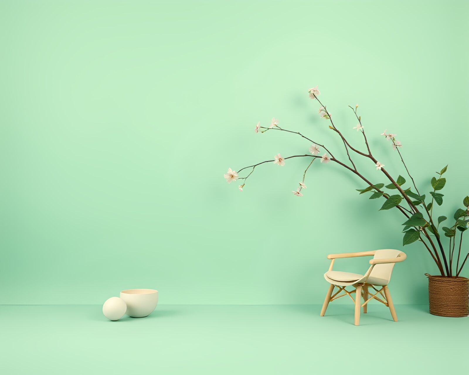 Wide shot of mint green themed trumpet in egg tempera style