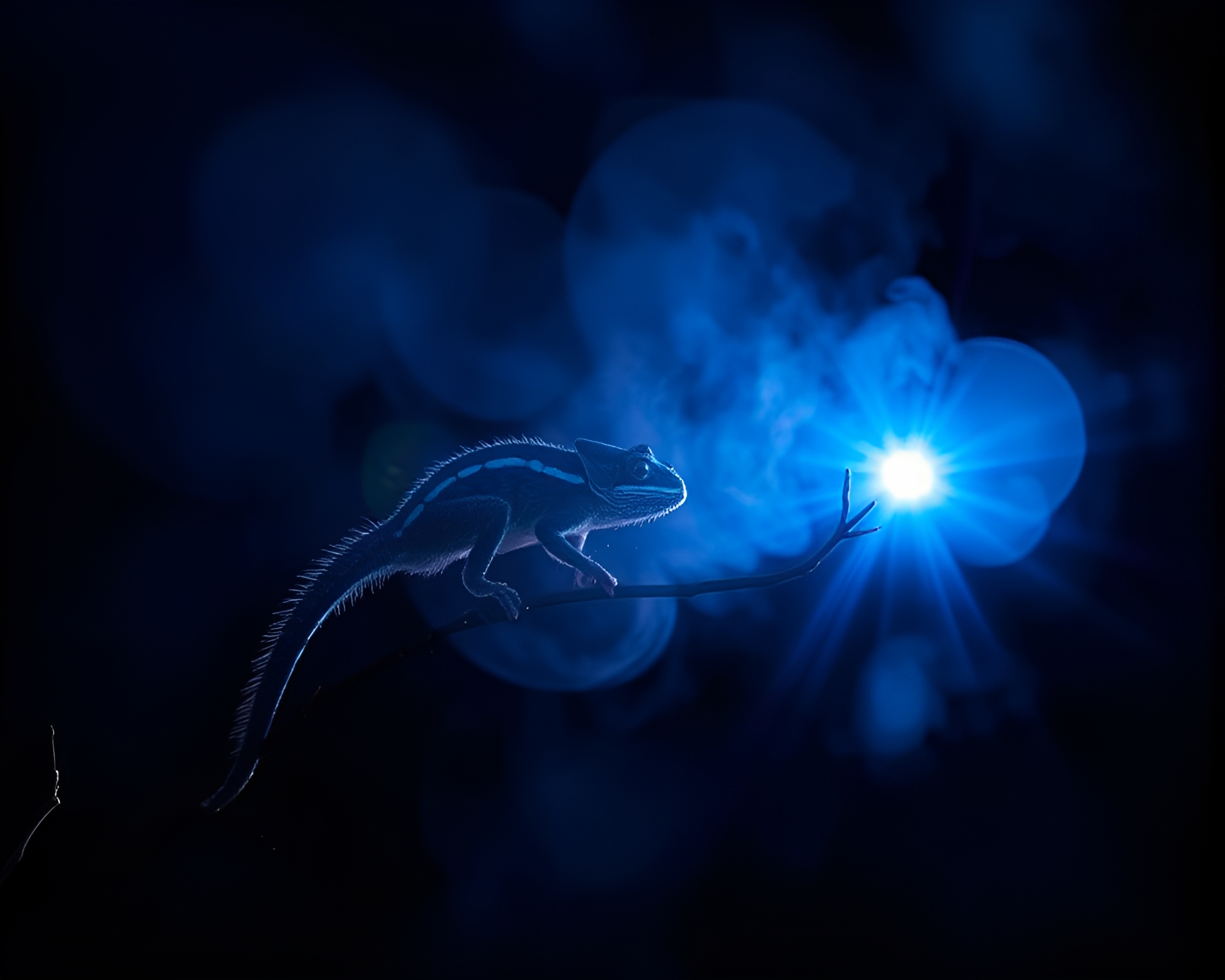 Chameleon blending in steamy blue hour jungle – free AI stock image