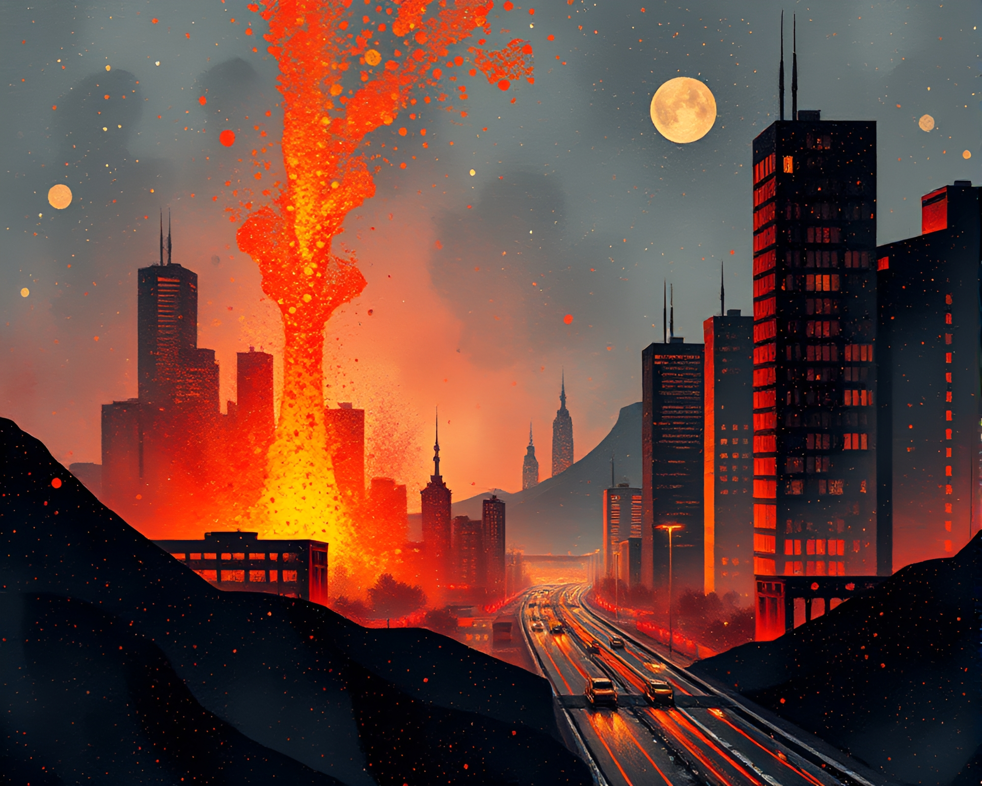 Futuristic Pointillist Cityscape Engulfed in Volcanic Ash – free AI stock image