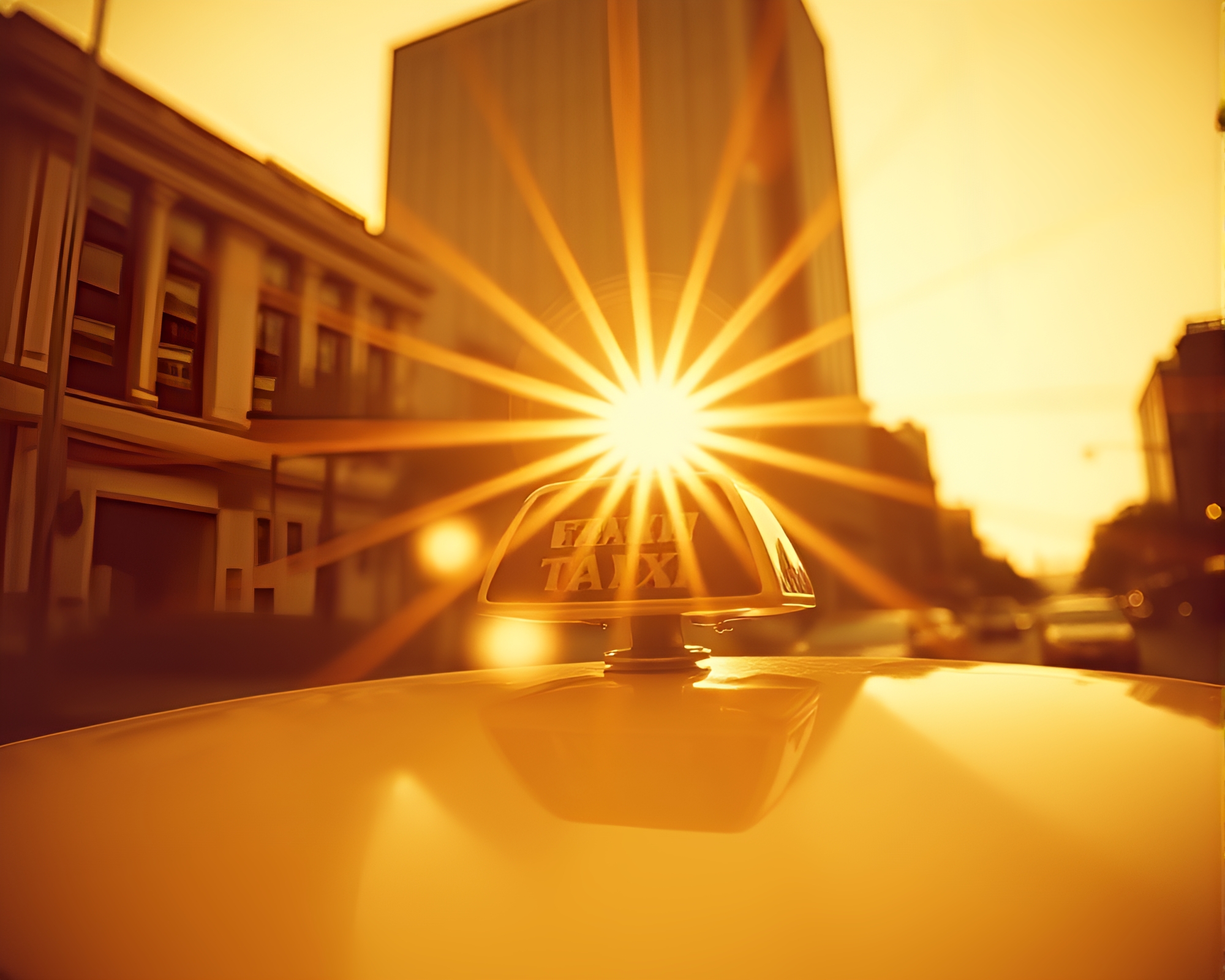 Sunburst lens captures sepia hover taxi film grain – free AI stock image