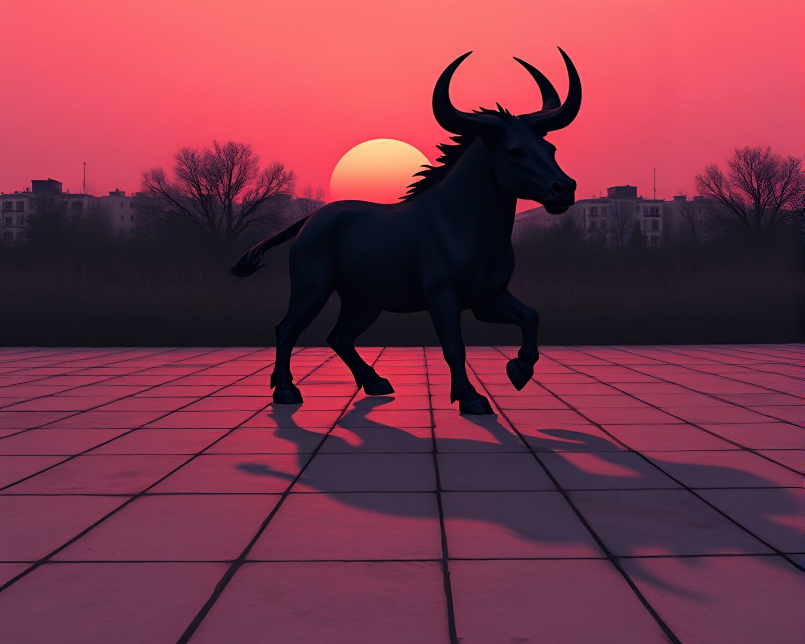 A powerful Minotaur in a sunrise-pink glowing landscape