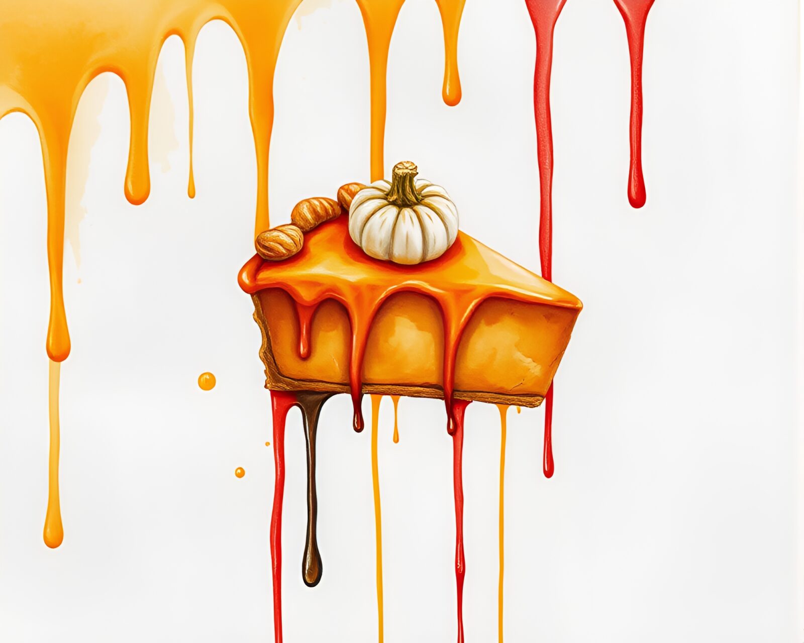 Watercolor pumpkin pie with dripping paint accents
