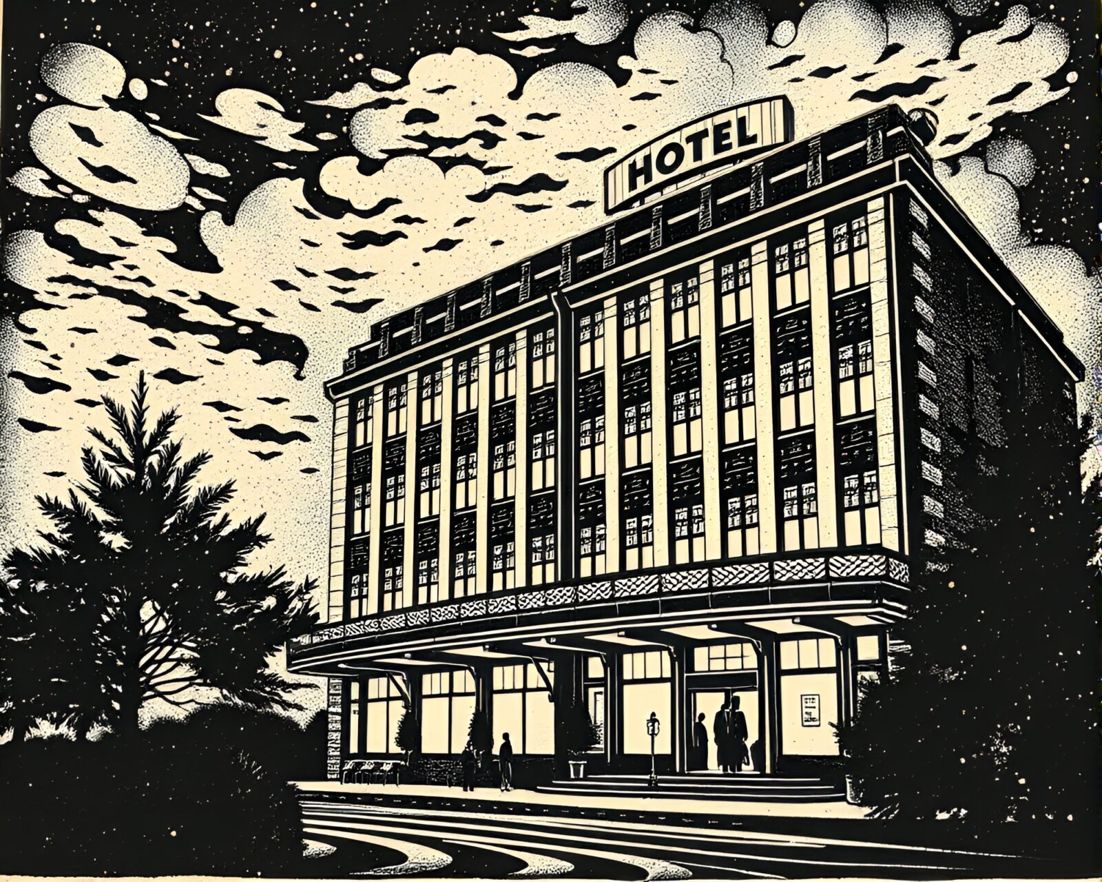 Detailed stippled linocut print of a glamorous art deco hotel