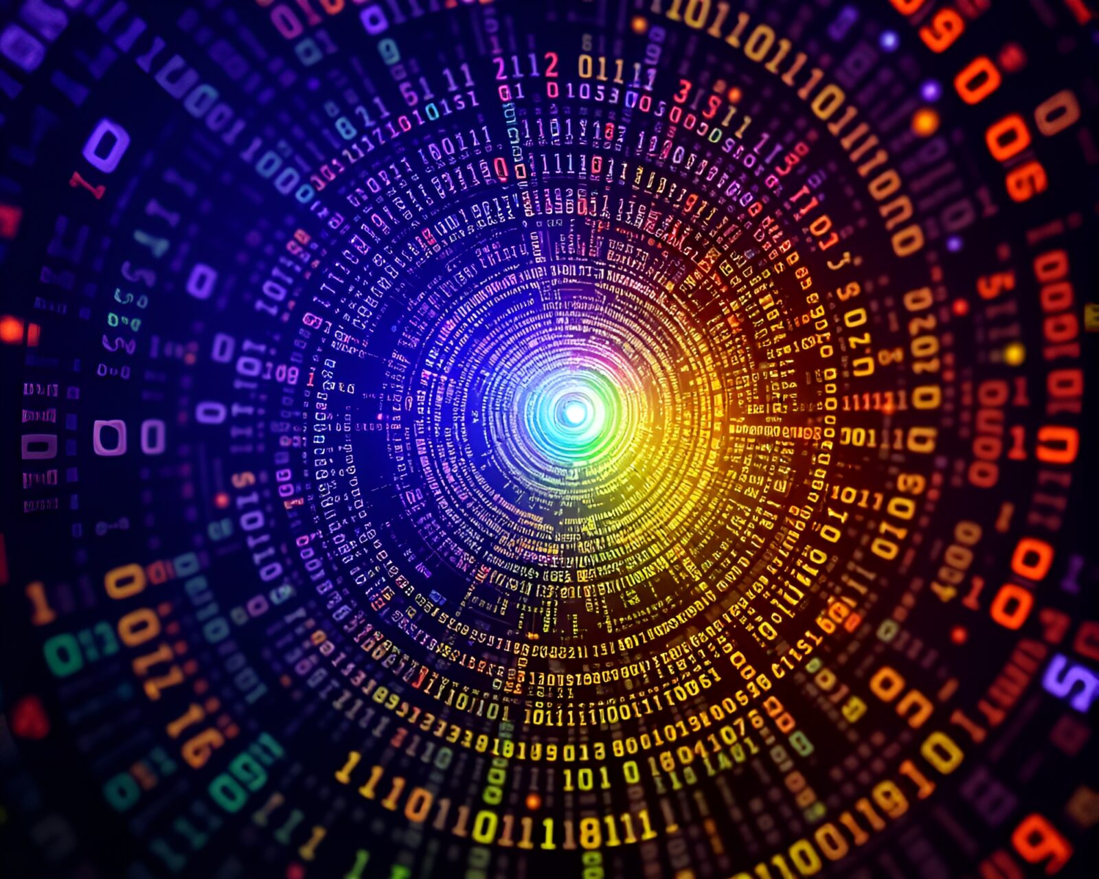 Vibrant neon binary code forming a swirling spiral pattern.