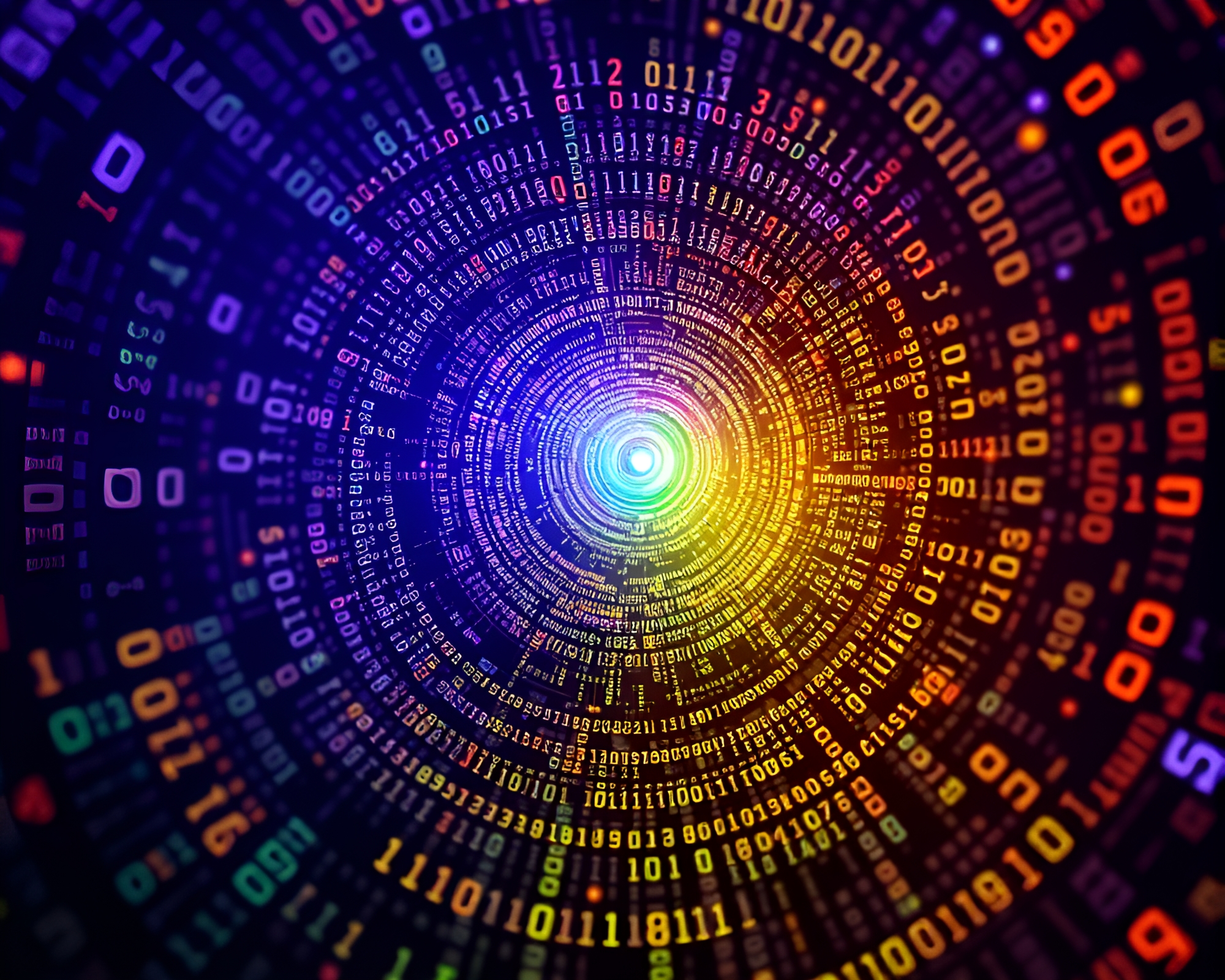 Neon Binary Code Spiral in Duotone Gradient – free AI stock image