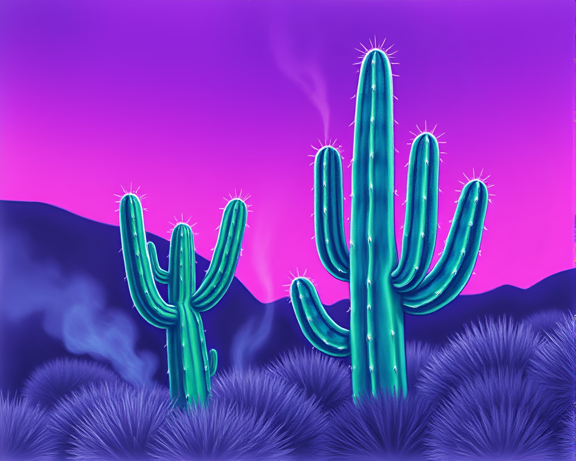 Twilight Neon Cactus with Smoke Rings Sketch – free AI stock image
