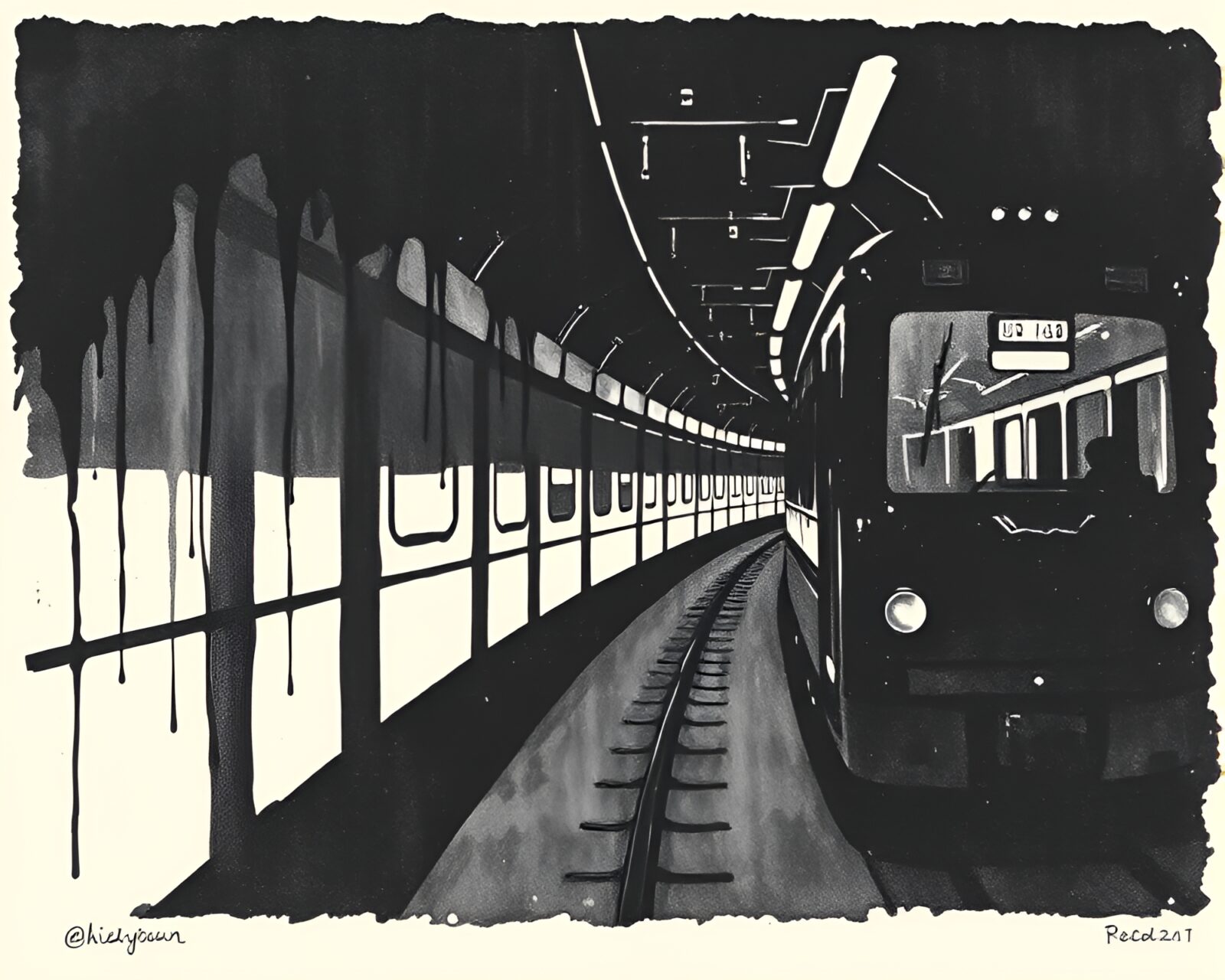 Abstract art of monorail in ink wash with hard shadows
